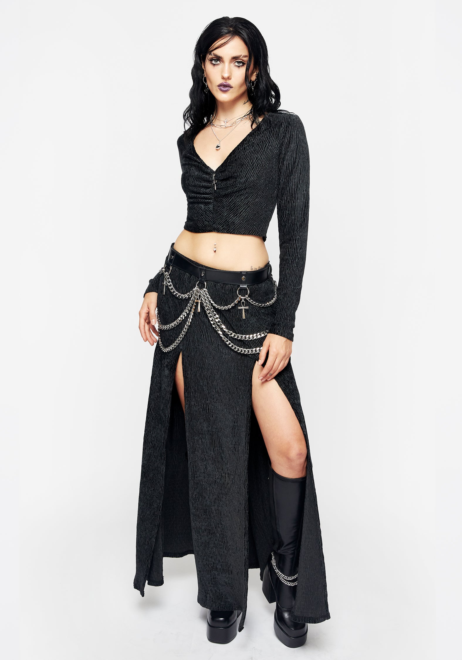 Faux Leather Skirt Belt with Silver Chains & Ankh Charms | Neith