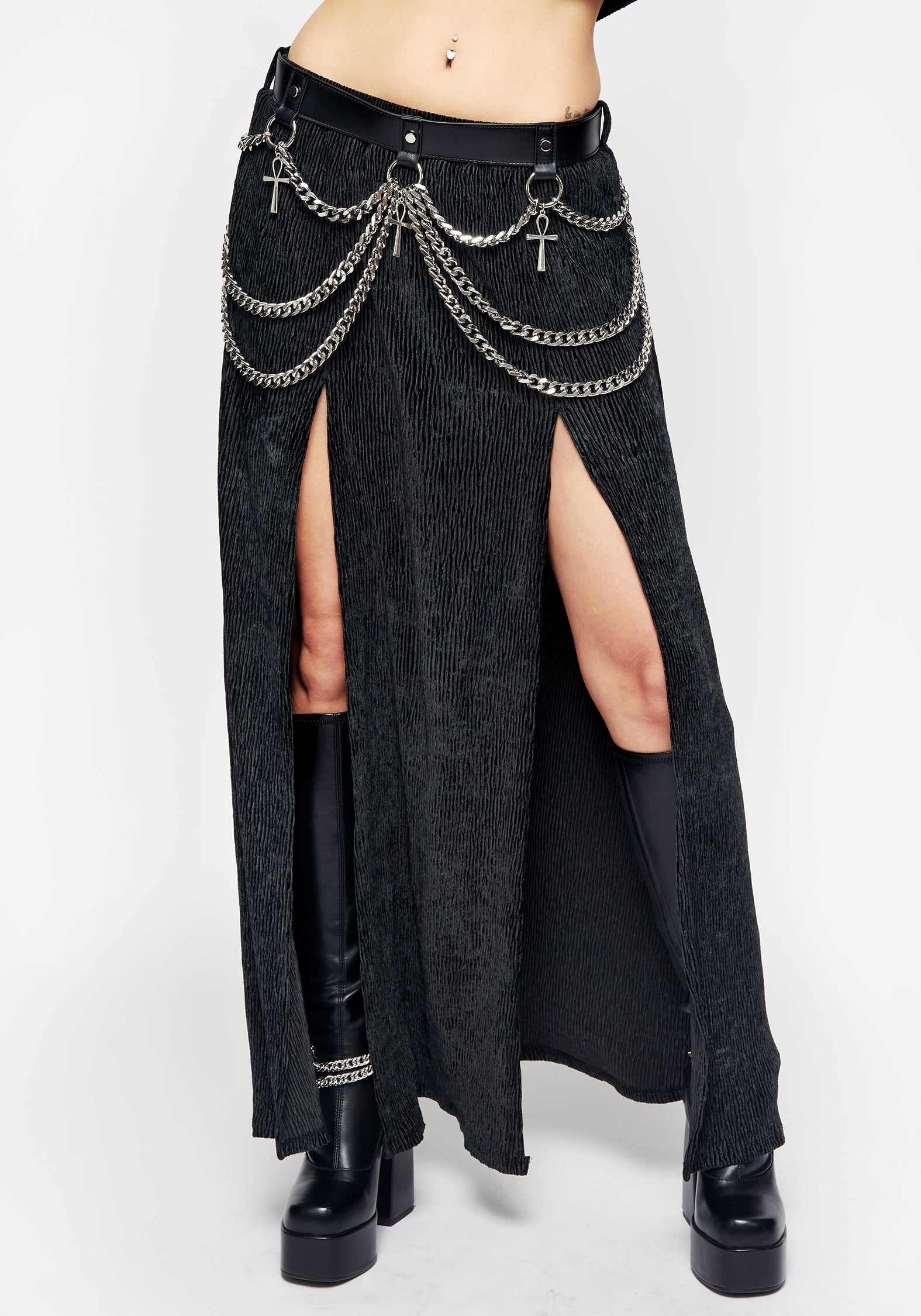 Faux Leather Skirt Belt with Silver Chains & Ankh Charms | Neith