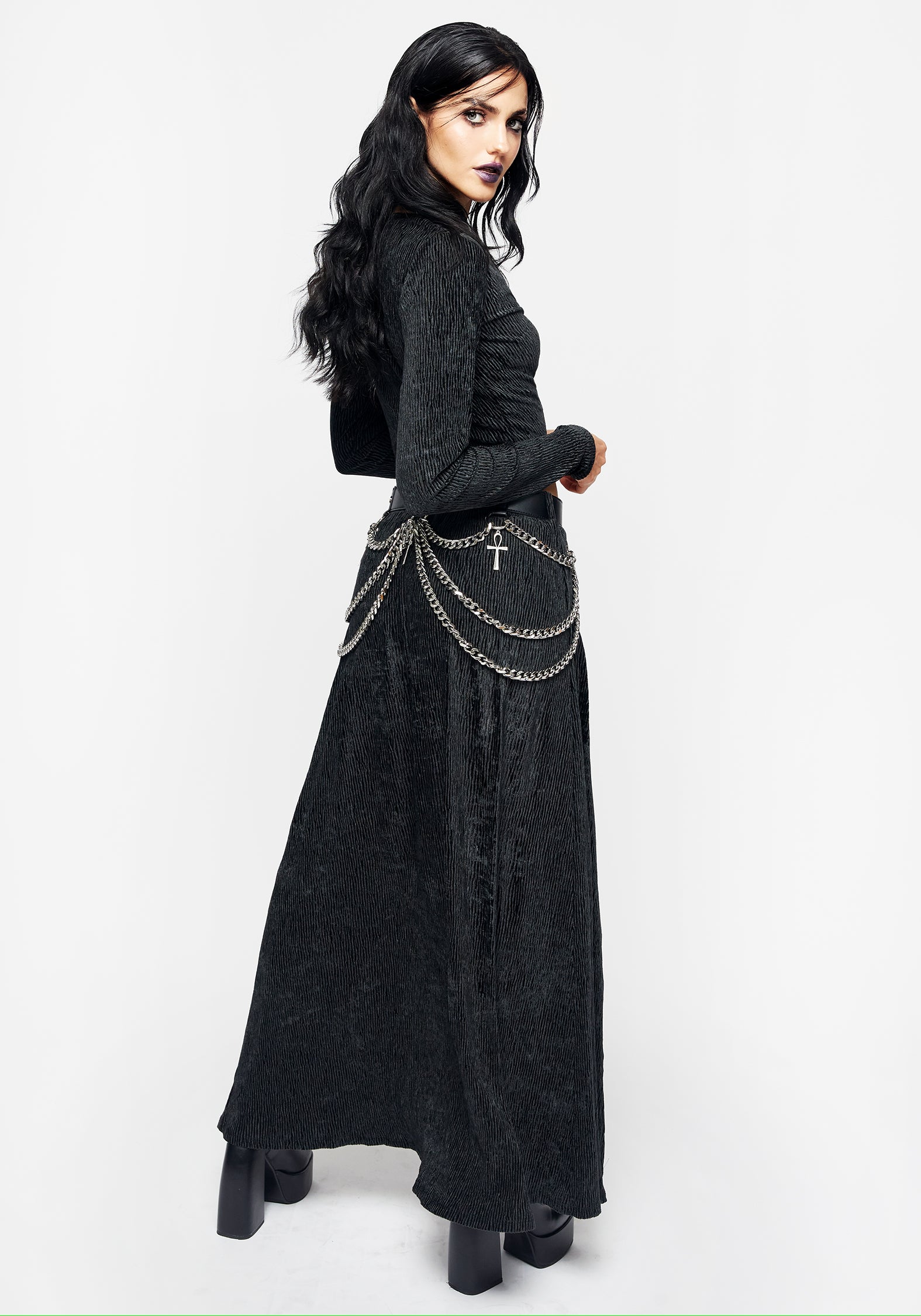 Faux Leather Skirt Belt with Silver Chains & Ankh Charms | Neith