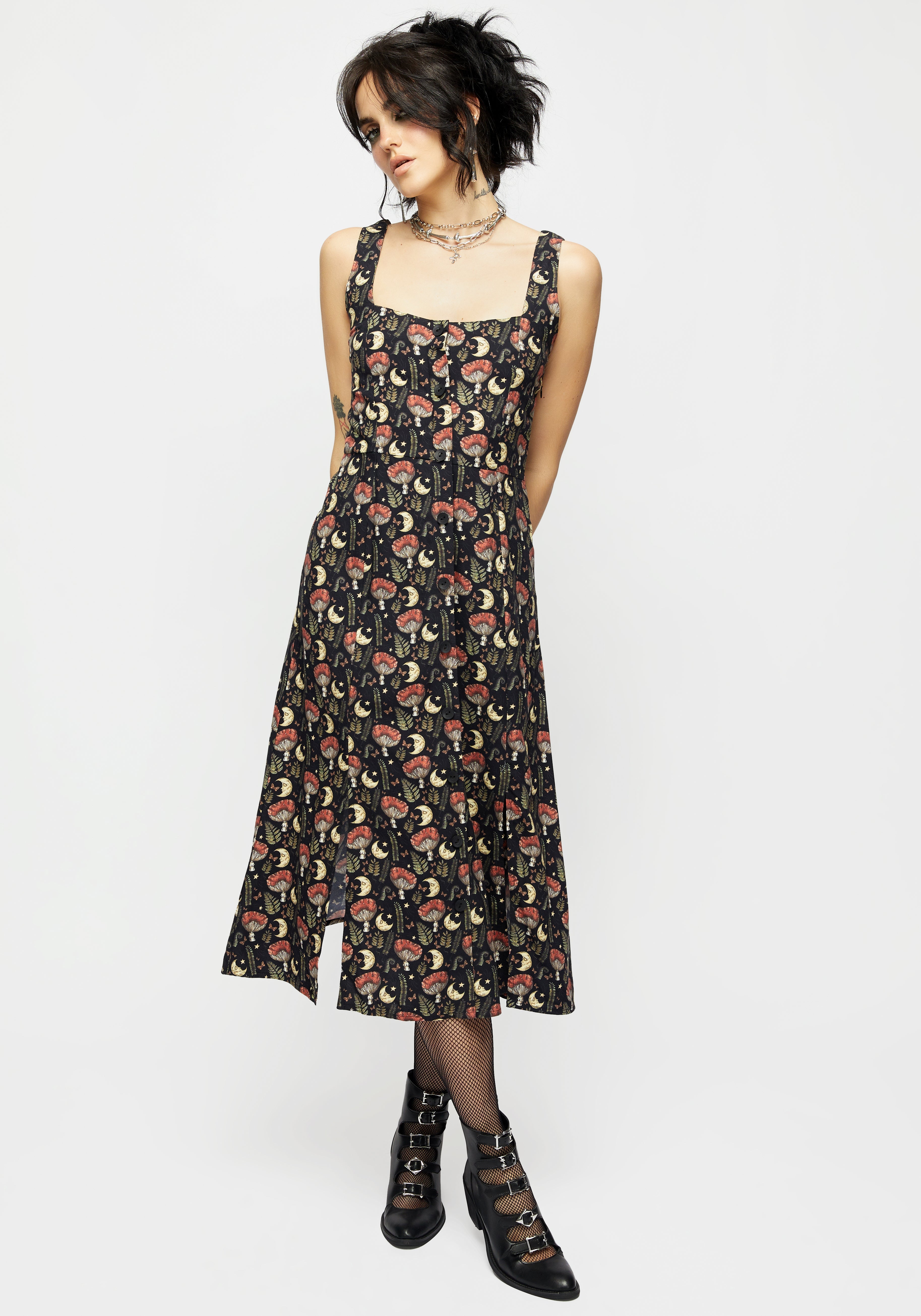 Black Mushroom & Moon Print Square Neck Midi Dress | Dreamfast