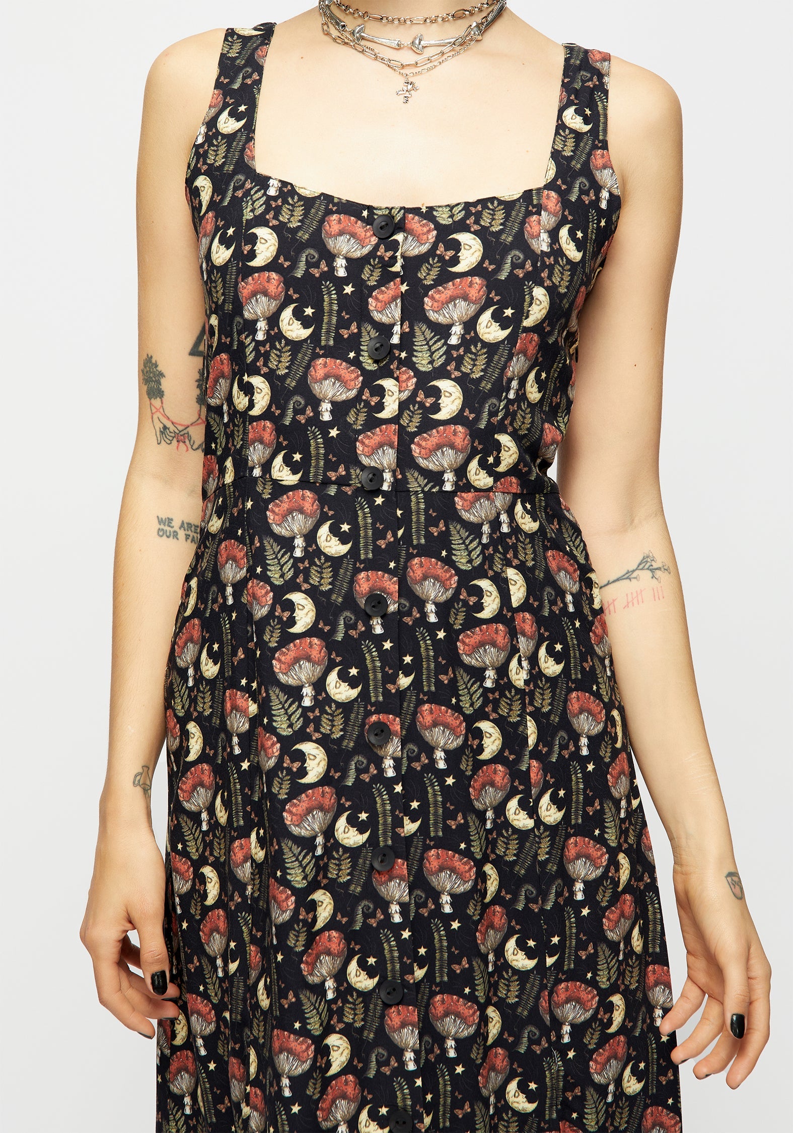 Black Mushroom & Moon Print Square Neck Midi Dress | Dreamfast