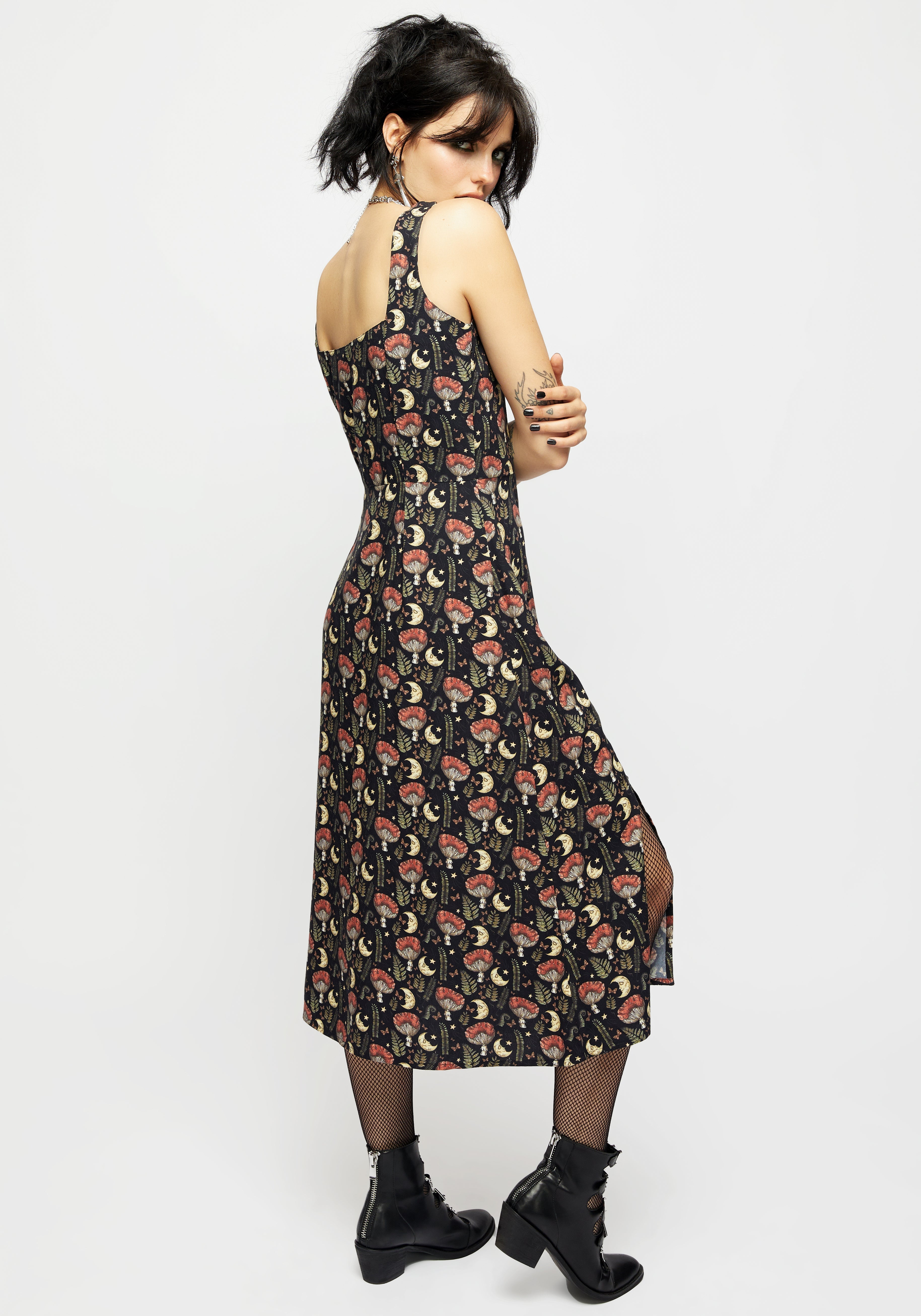 Black Mushroom & Moon Print Square Neck Midi Dress | Dreamfast