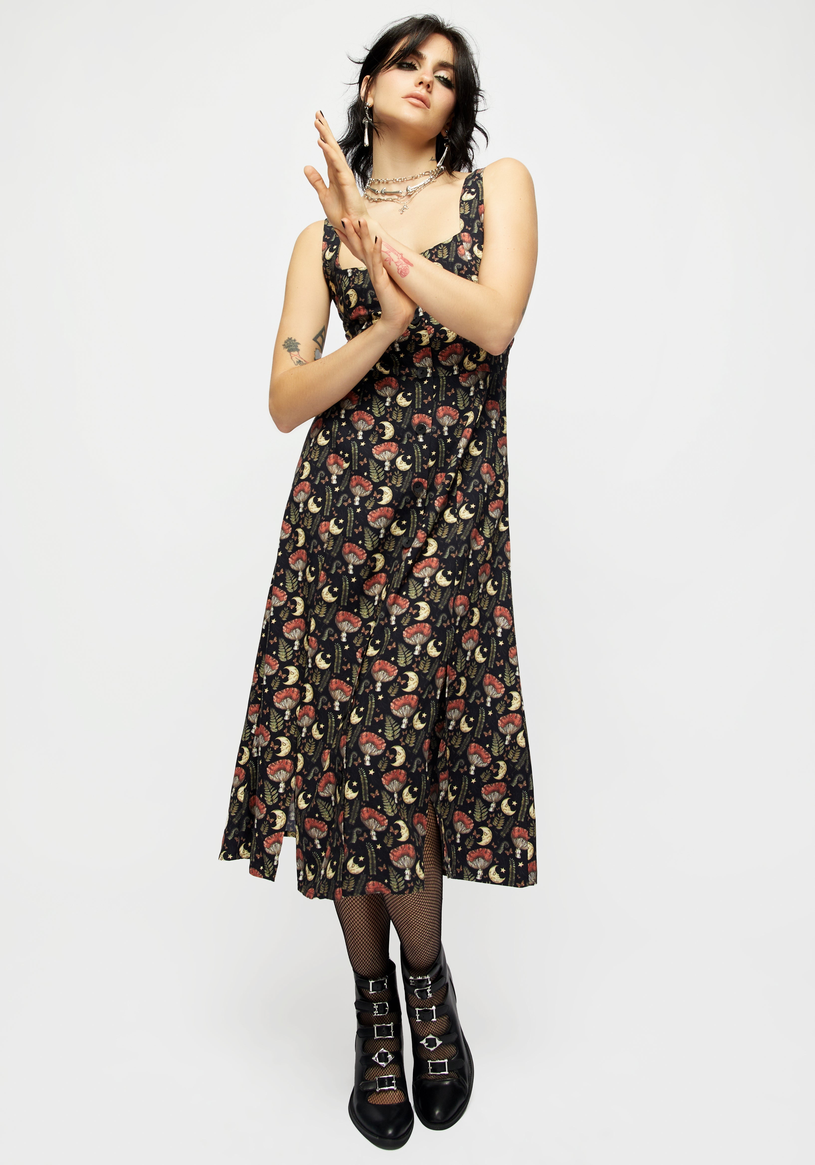 Black Mushroom & Moon Print Square Neck Midi Dress | Dreamfast