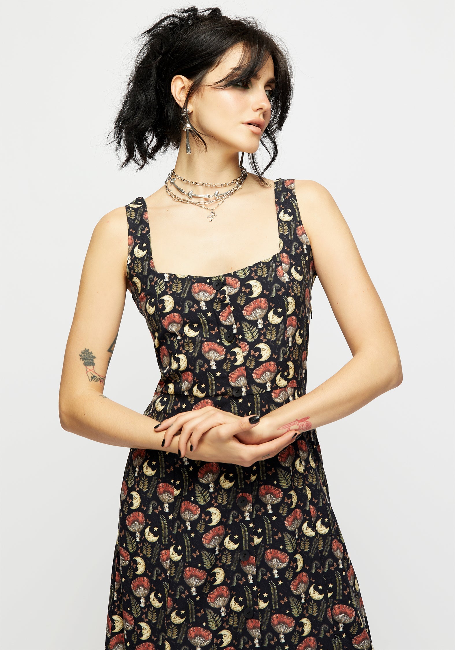 Black Mushroom & Moon Print Square Neck Midi Dress | Dreamfast