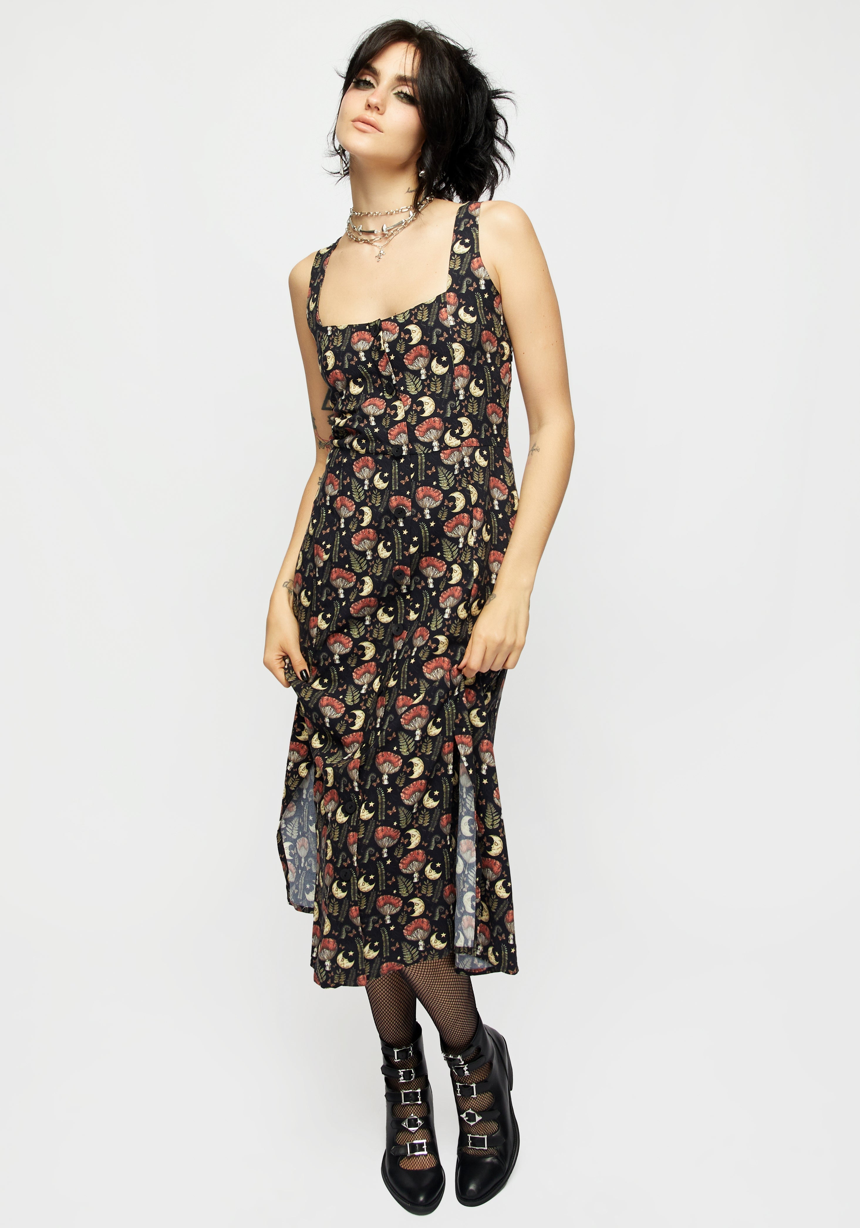 Black Mushroom & Moon Print Square Neck Midi Dress | Dreamfast