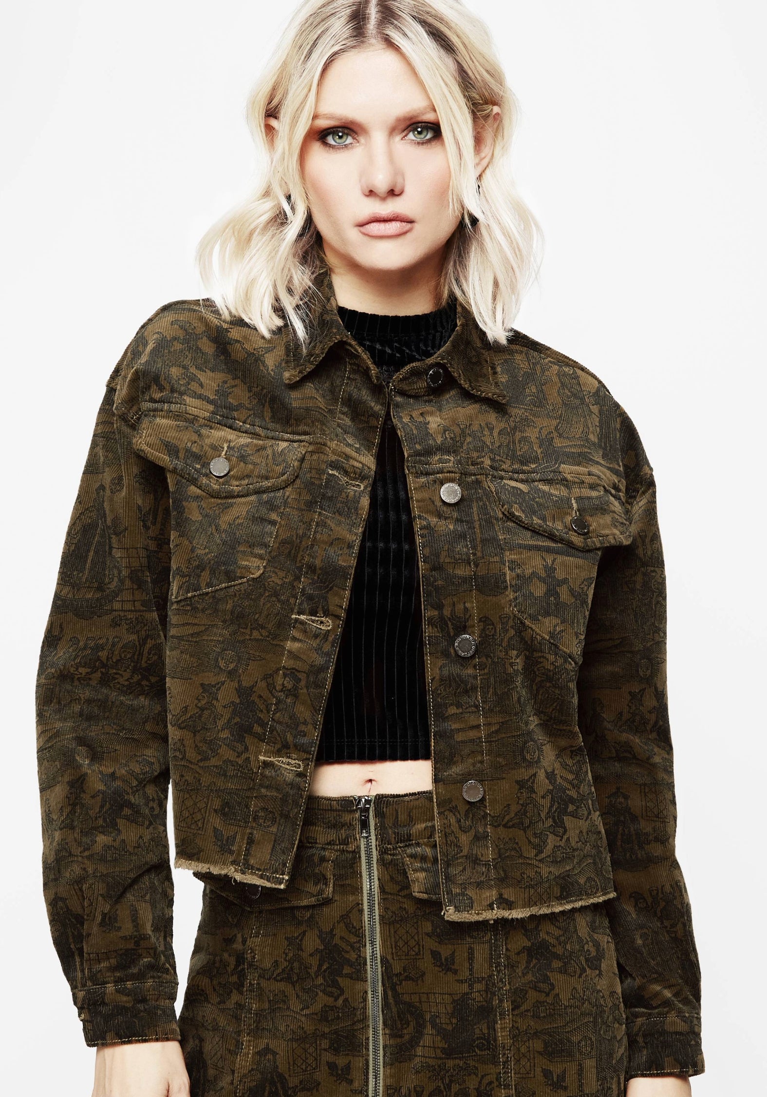 Medieval Woodcut Print Corduroy Shacket | Cropped Brown with Raw Hem