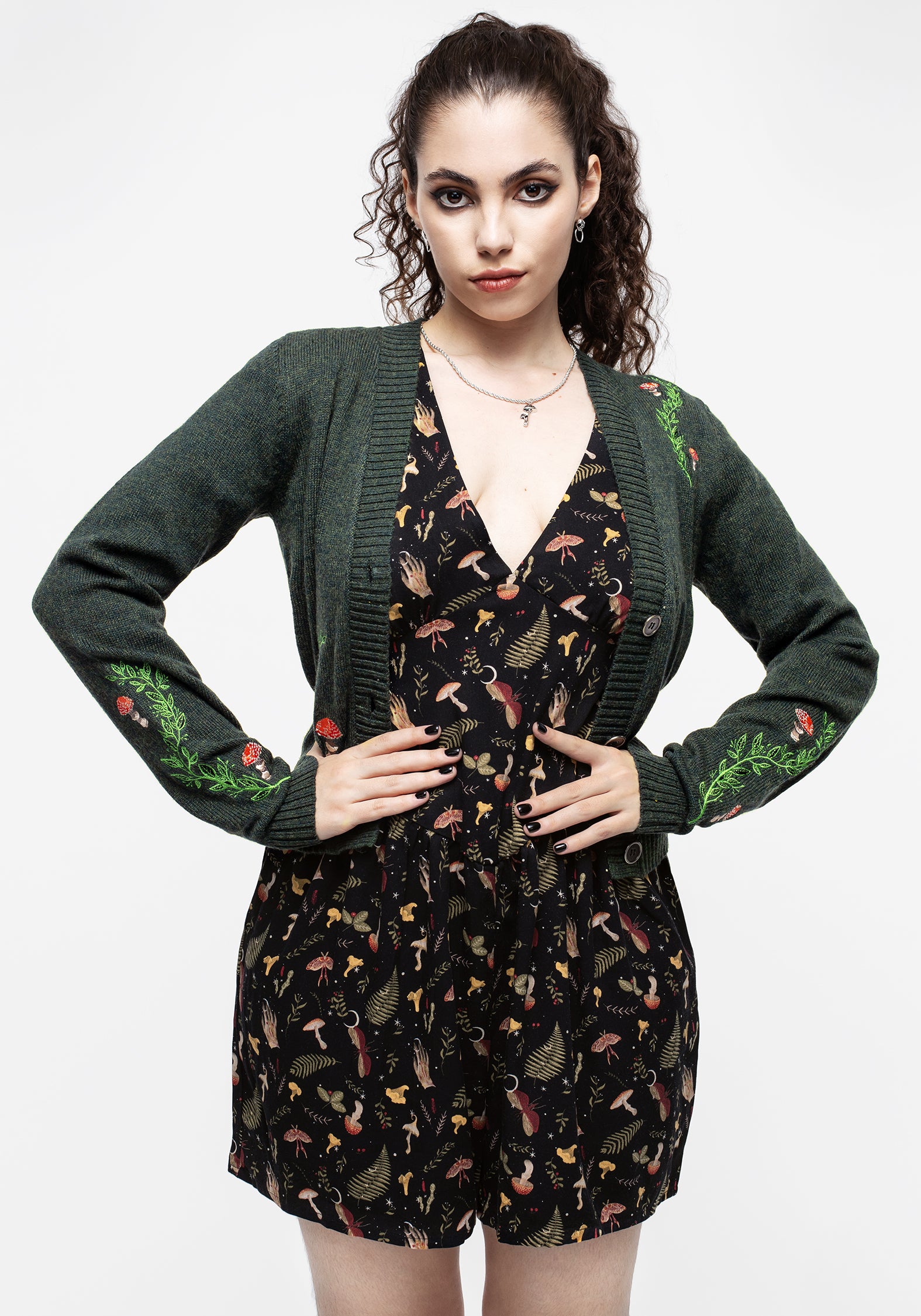 Black Occult Moon & Mushroom Print Playsuit | Liviana