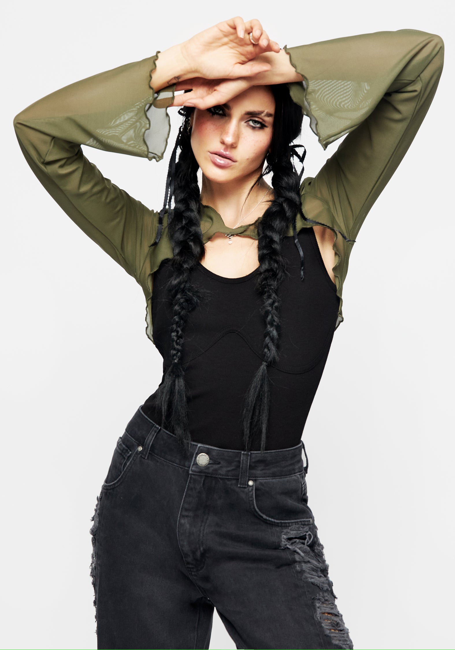 Green Mesh Long Sleeve Crop Top with Lettuce Hems | Yvaine