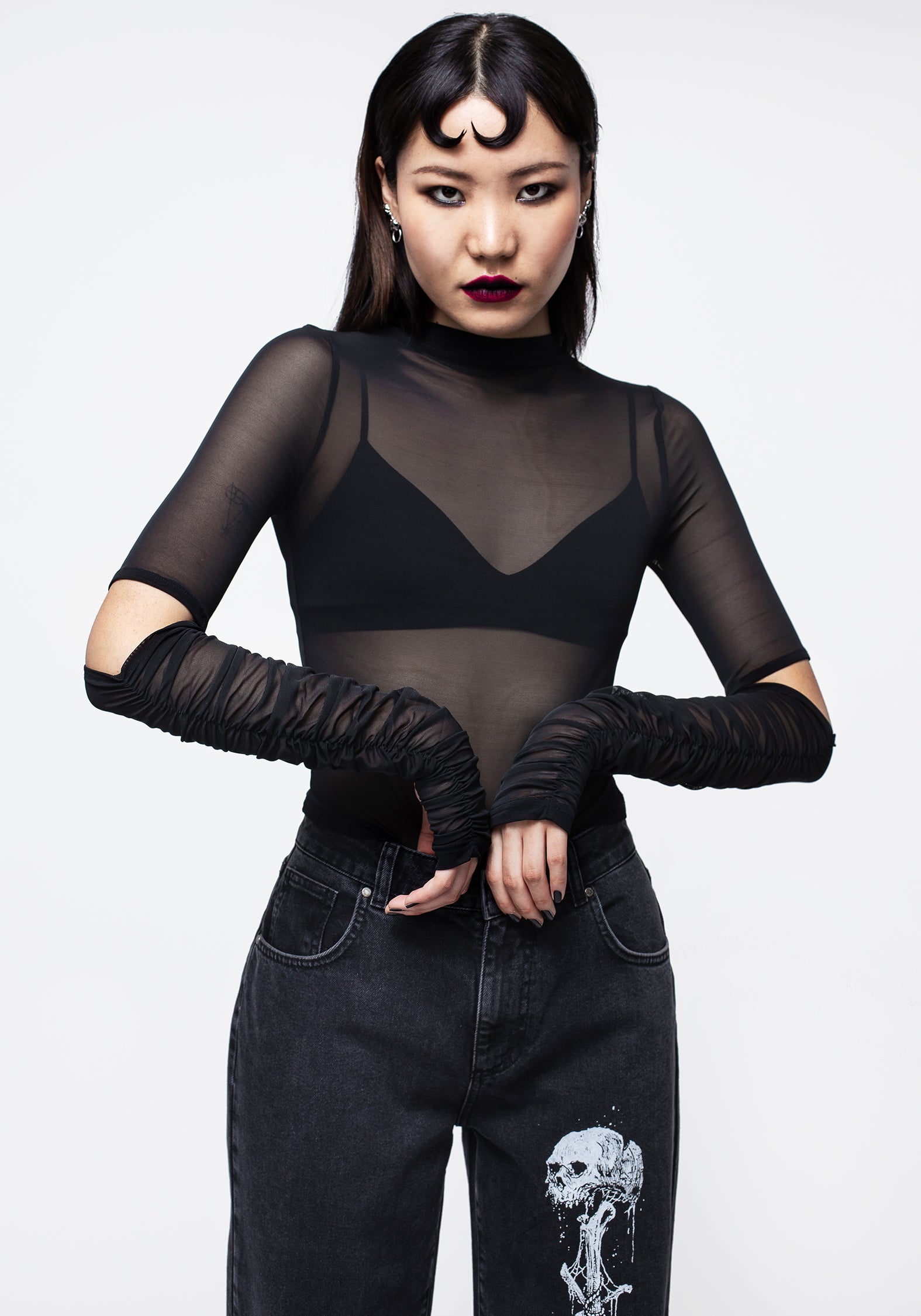 Black Sheer Mesh Crop Top with Long Sleeves & Thumbholes | Jupiter
