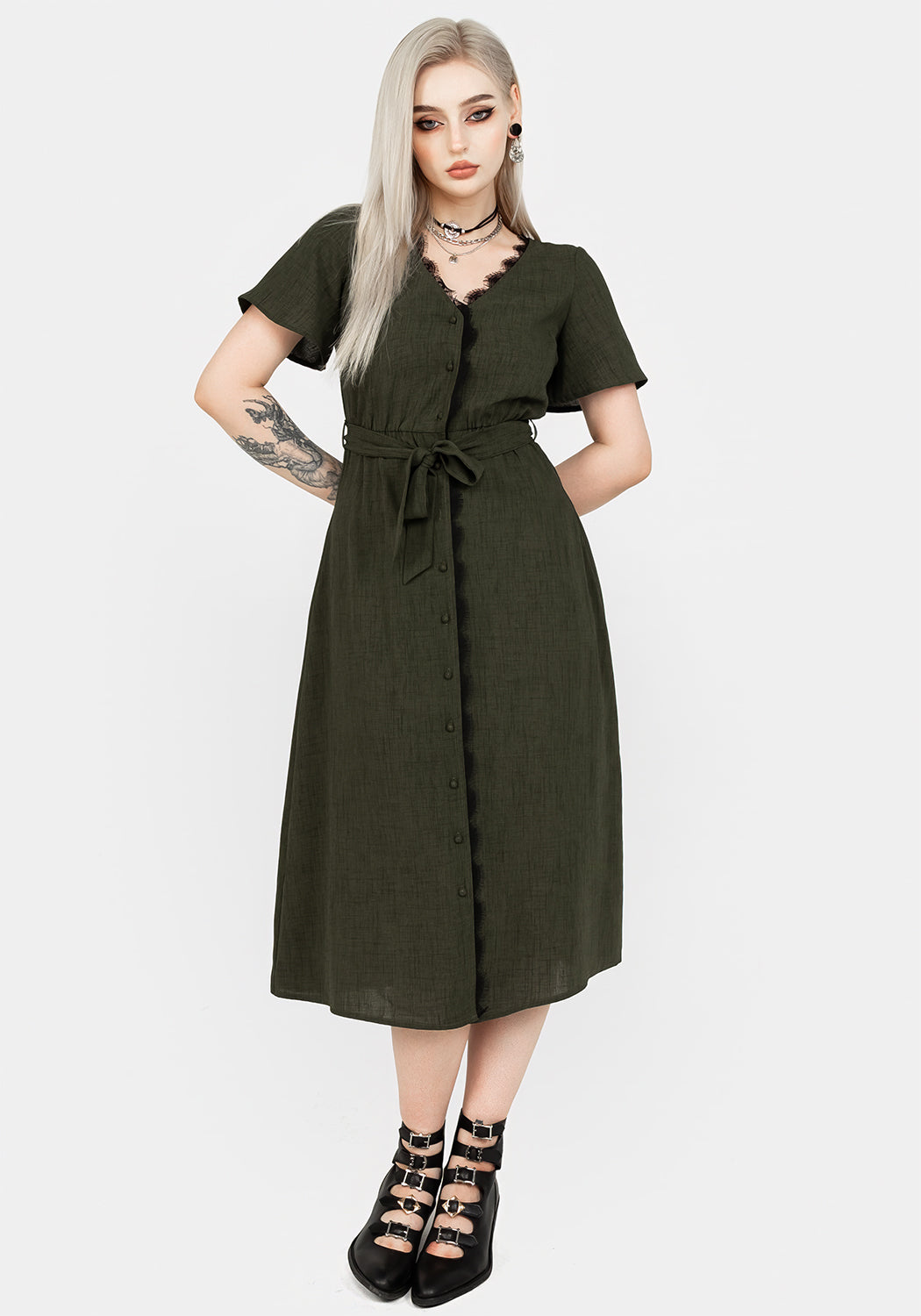 Green Lace-Trimmed V-Neck Midi Dress with Angel Sleeves | Ava
