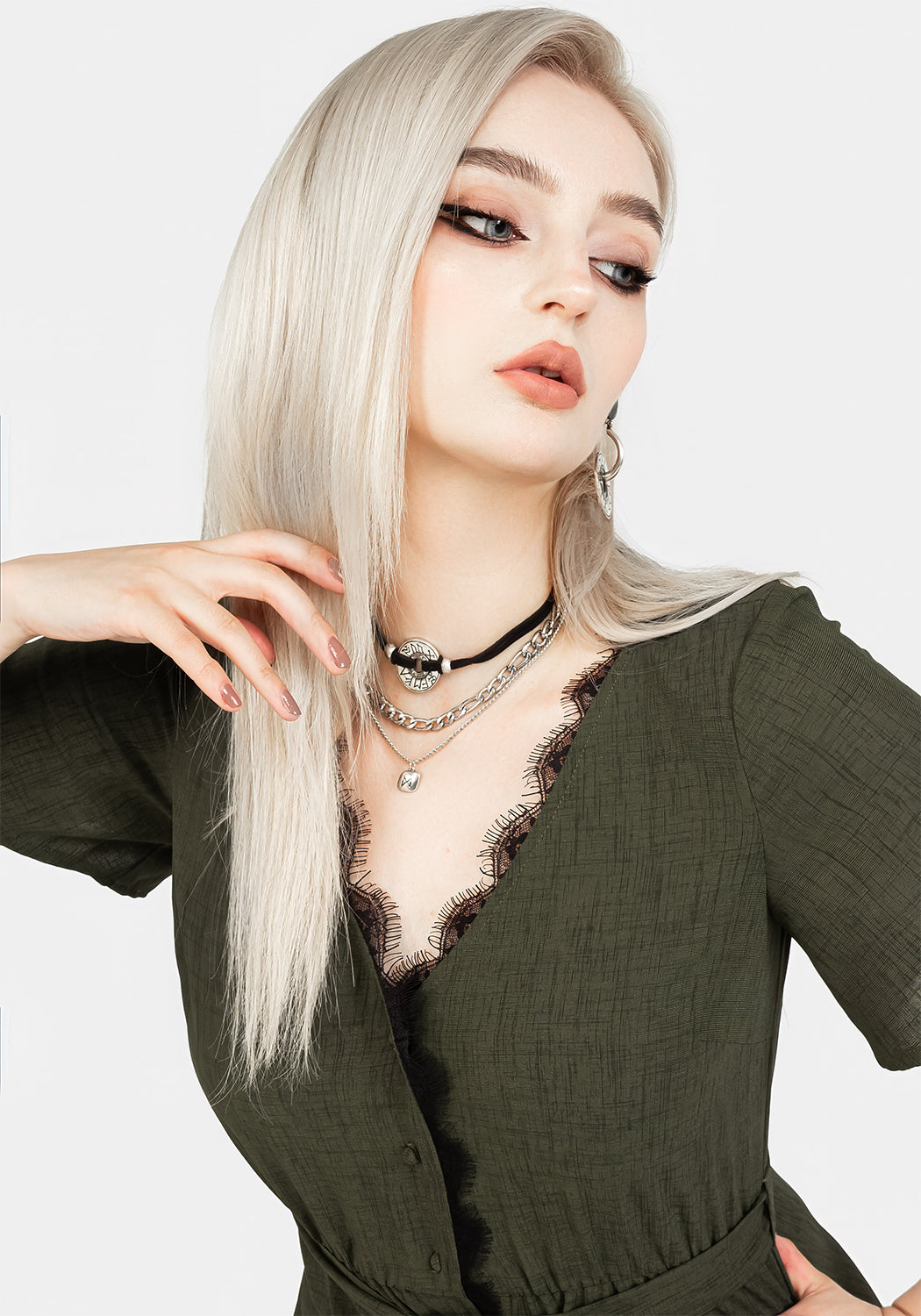 Green Lace-Trimmed V-Neck Midi Dress with Angel Sleeves | Ava