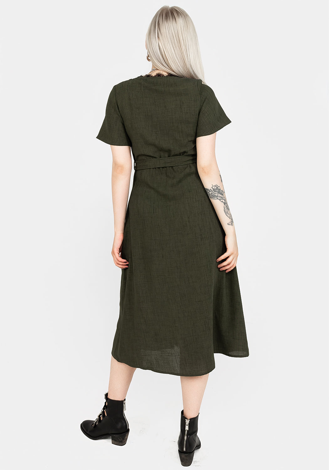 Green Lace-Trimmed V-Neck Midi Dress with Angel Sleeves | Ava
