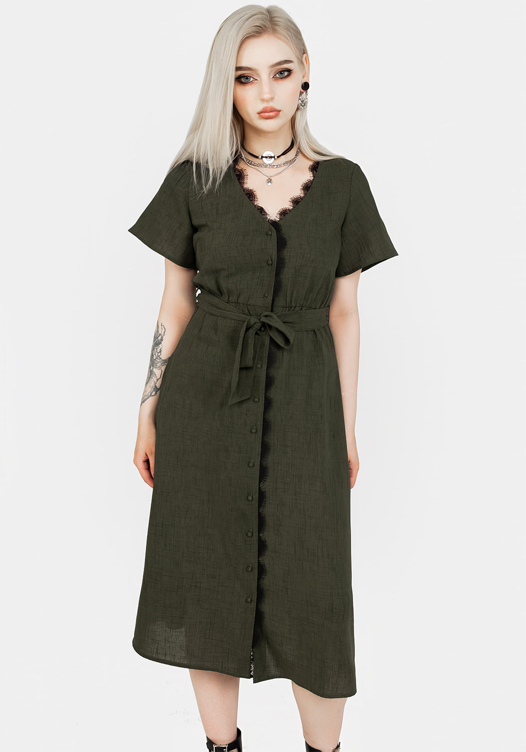 Green Lace-Trimmed V-Neck Midi Dress with Angel Sleeves | Ava