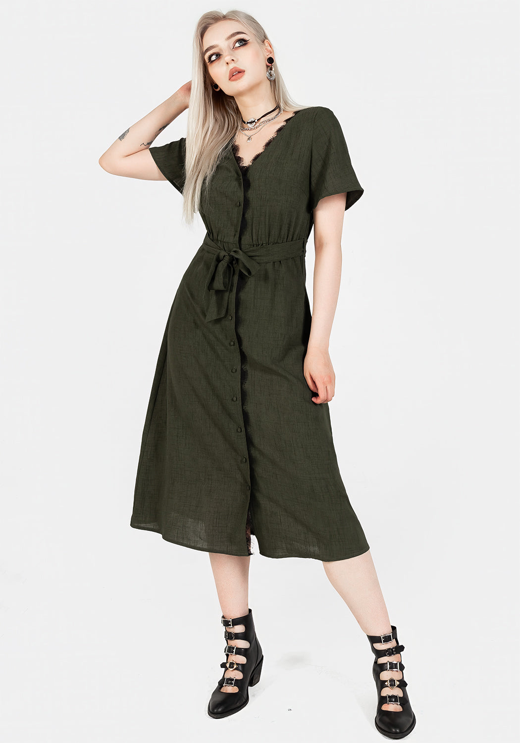 Green Lace-Trimmed V-Neck Midi Dress with Angel Sleeves | Ava