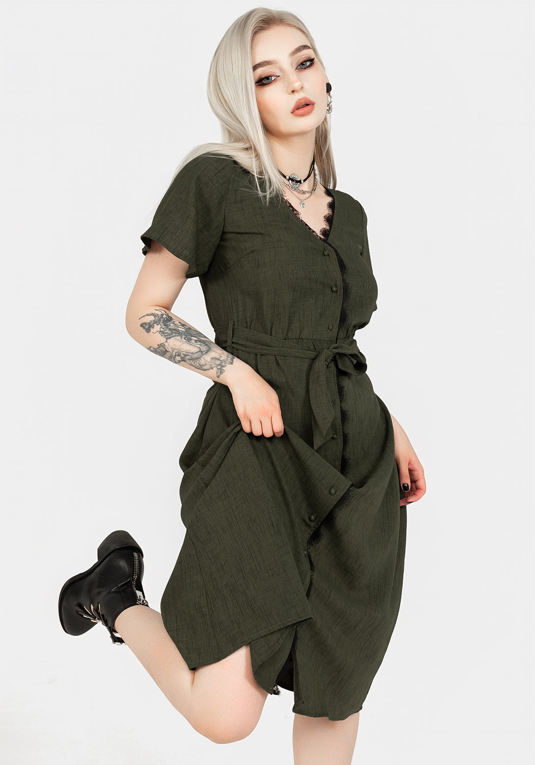 Green Lace-Trimmed V-Neck Midi Dress with Angel Sleeves | Ava