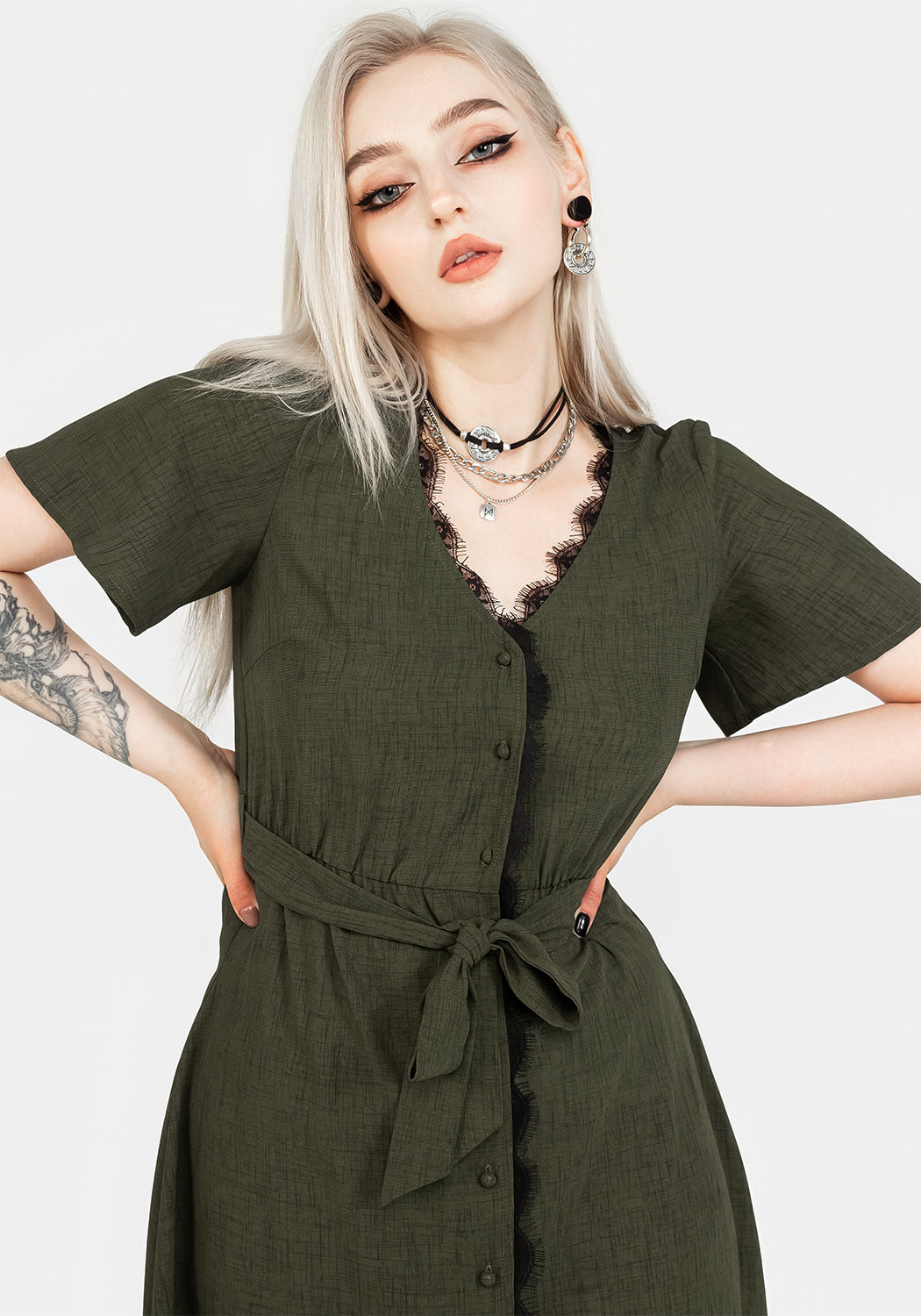Green Lace-Trimmed V-Neck Midi Dress with Angel Sleeves | Ava