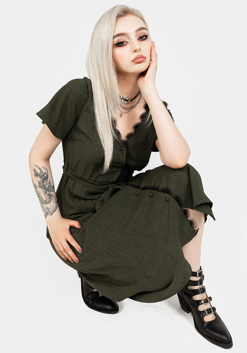 Green Lace-Trimmed V-Neck Midi Dress with Angel Sleeves | Ava