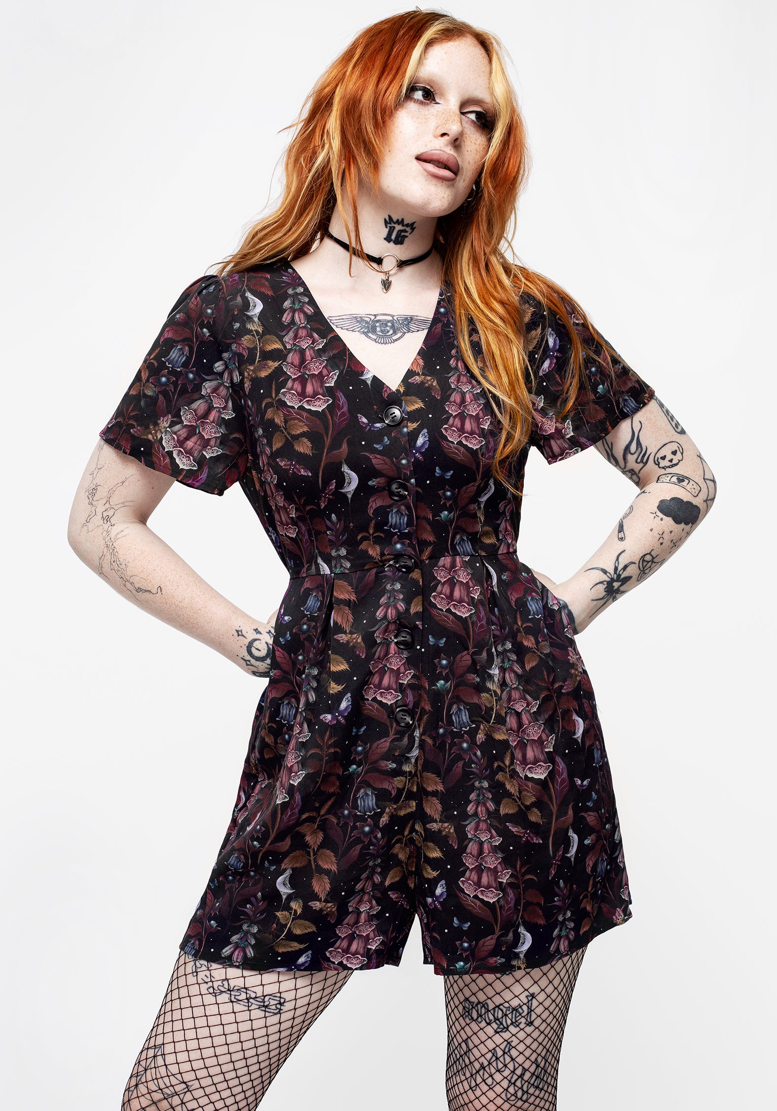 Black Floral Button-Up Playsuit with V-Neck & Waist Ties | Foxglove