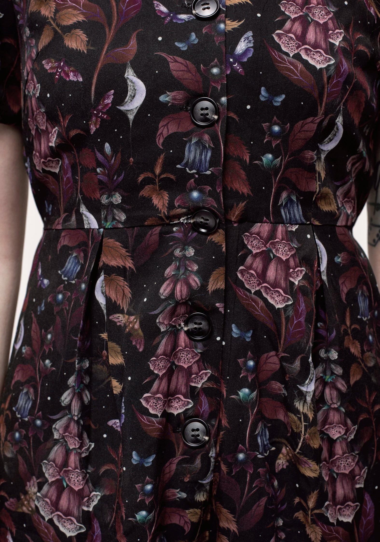 Black Floral Button-Up Playsuit with V-Neck & Waist Ties | Foxglove