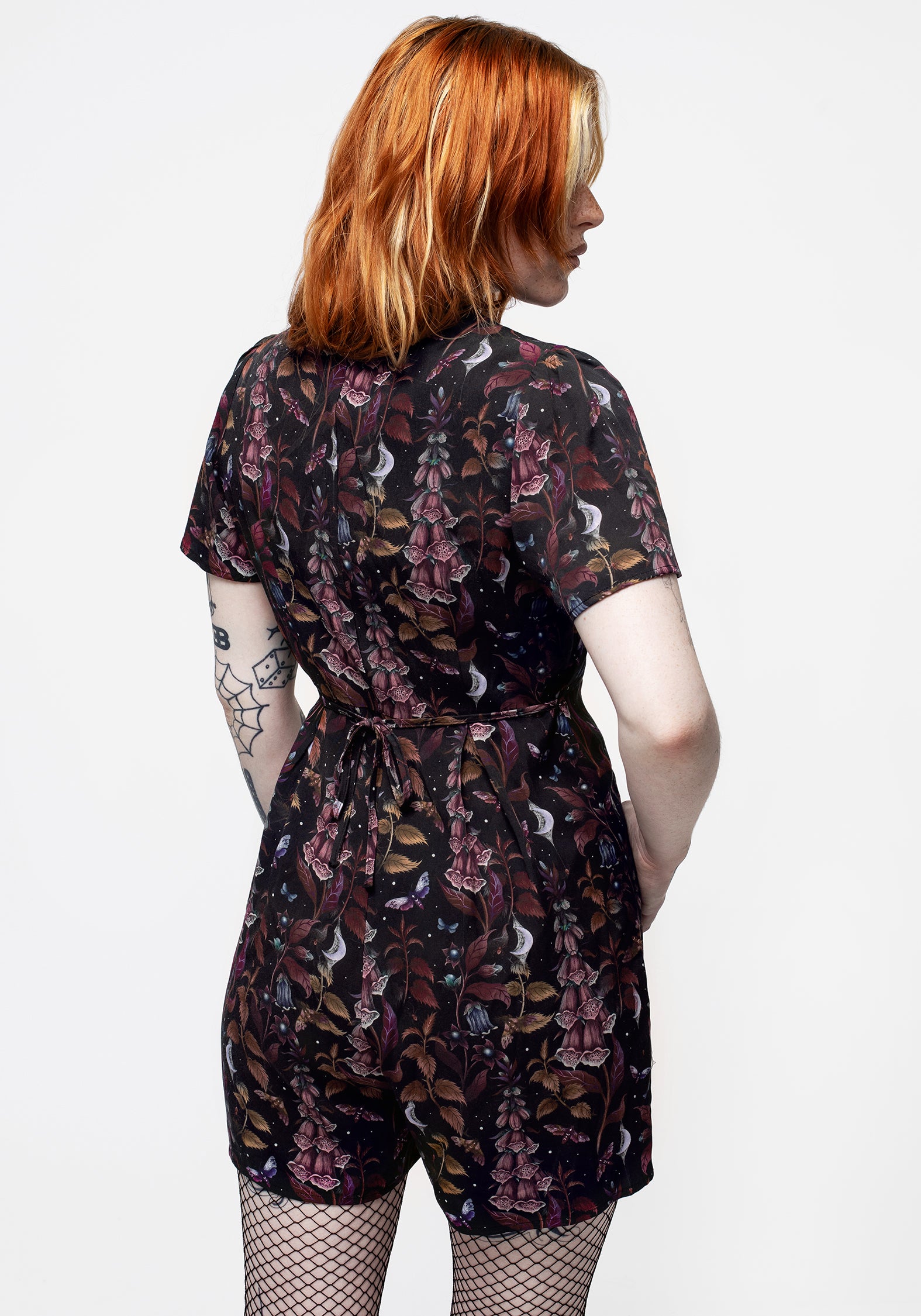 Black Floral Button-Up Playsuit with V-Neck & Waist Ties | Foxglove