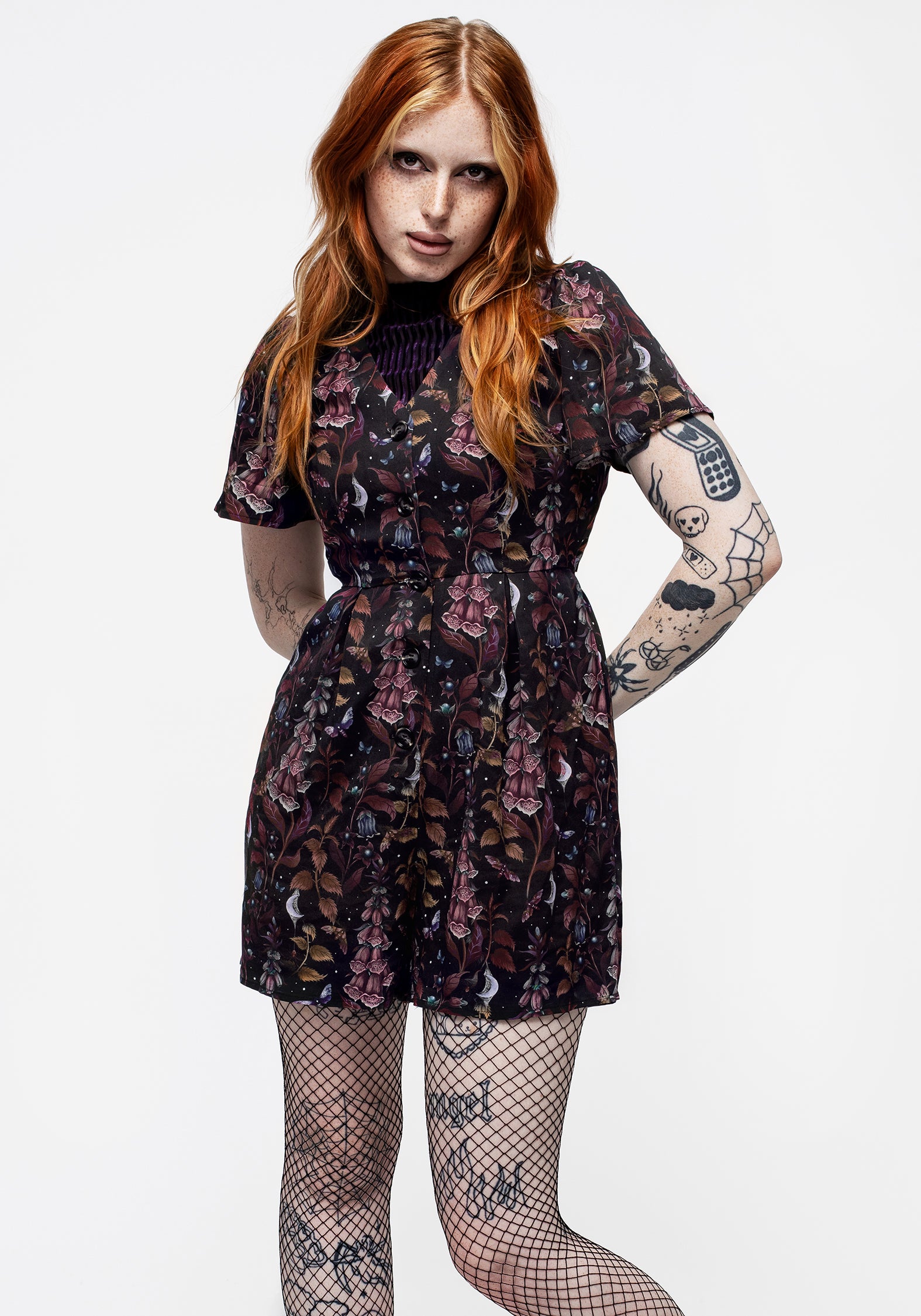 Black Floral Button-Up Playsuit with V-Neck & Waist Ties | Foxglove