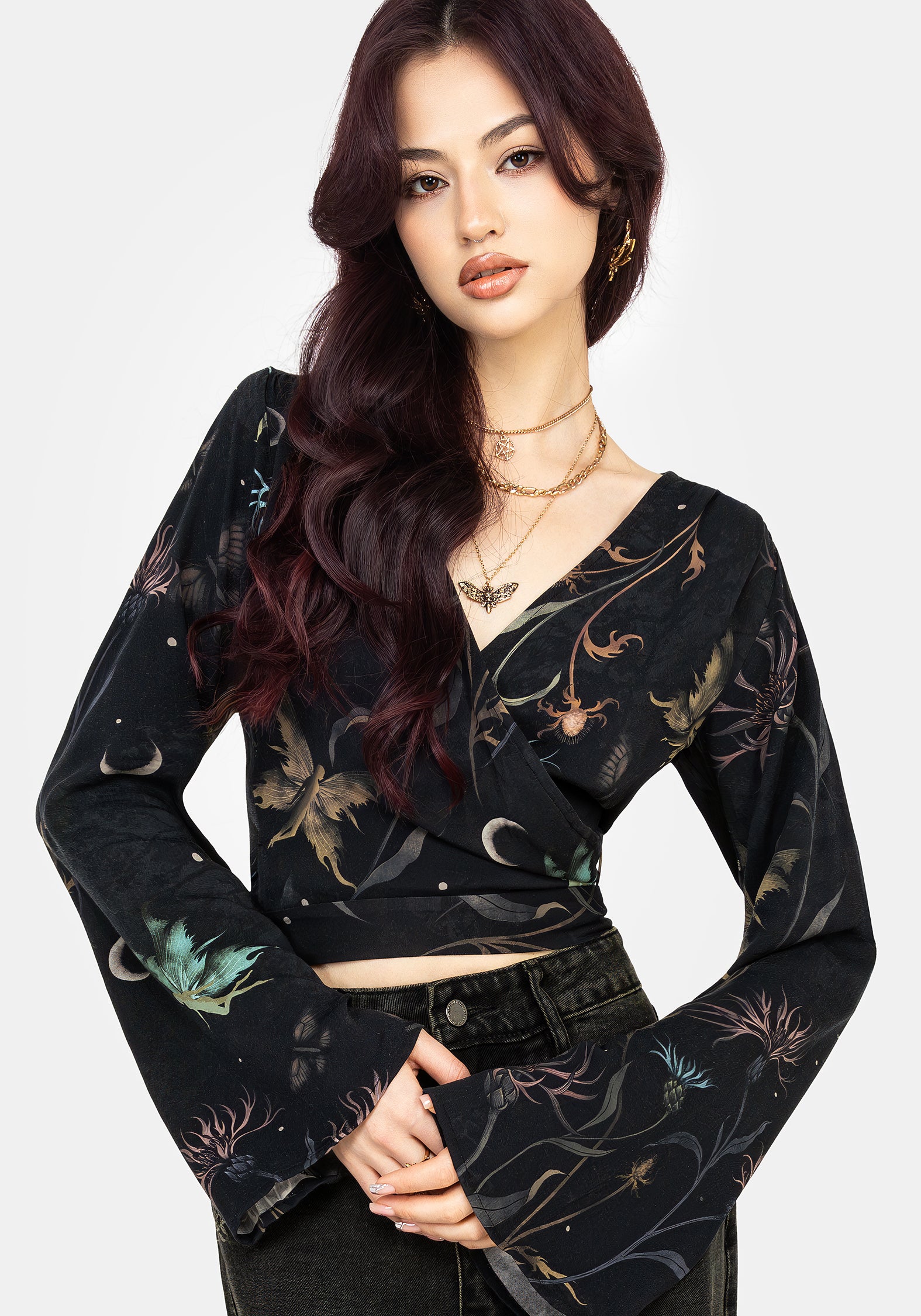 Floral Print Wrap Top with Flare Sleeves & Adjustable Ties | Rosanella