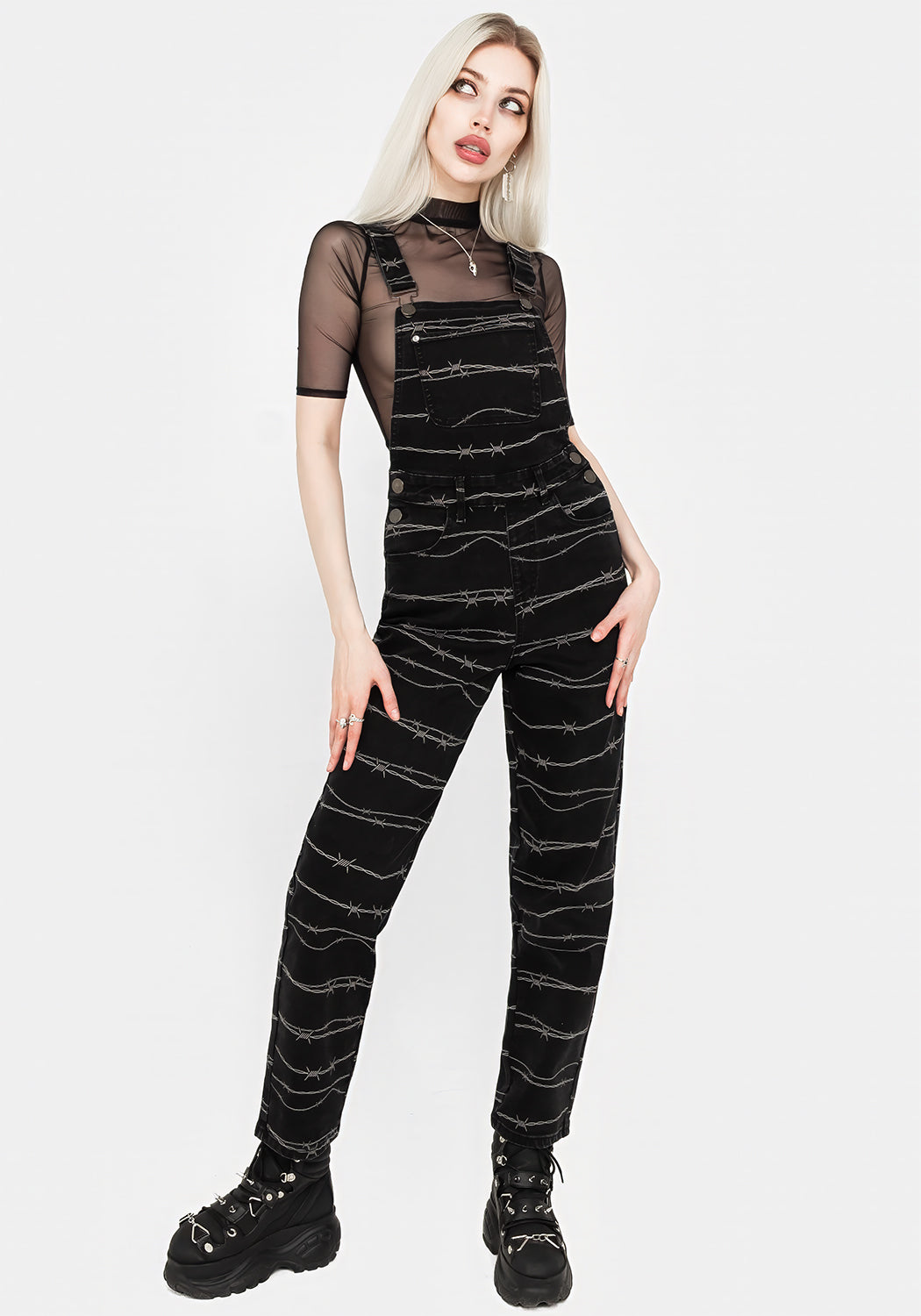 Black Printed Denim Mom Dungarees with Barbed Wire Design | High-Rise & Stretch