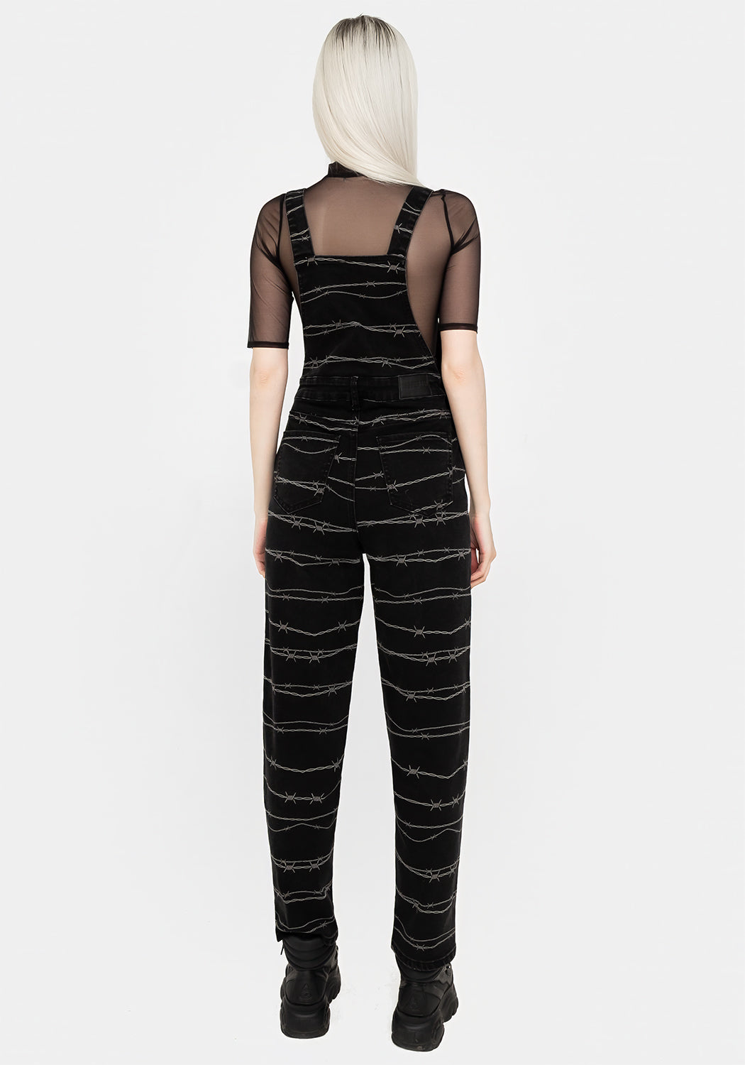 Black Printed Denim Mom Dungarees with Barbed Wire Design | High-Rise & Stretch