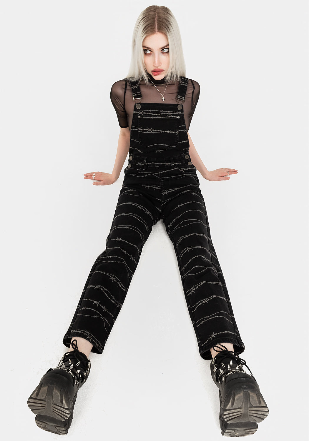 Black Printed Denim Mom Dungarees with Barbed Wire Design | High-Rise & Stretch
