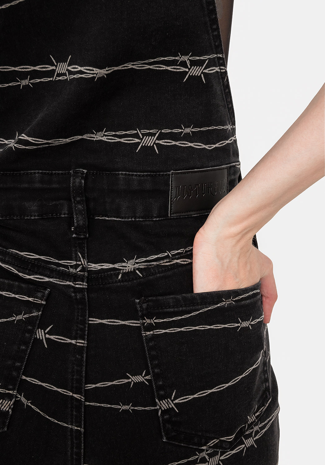 Black Printed Denim Mom Dungarees with Barbed Wire Design | High-Rise & Stretch