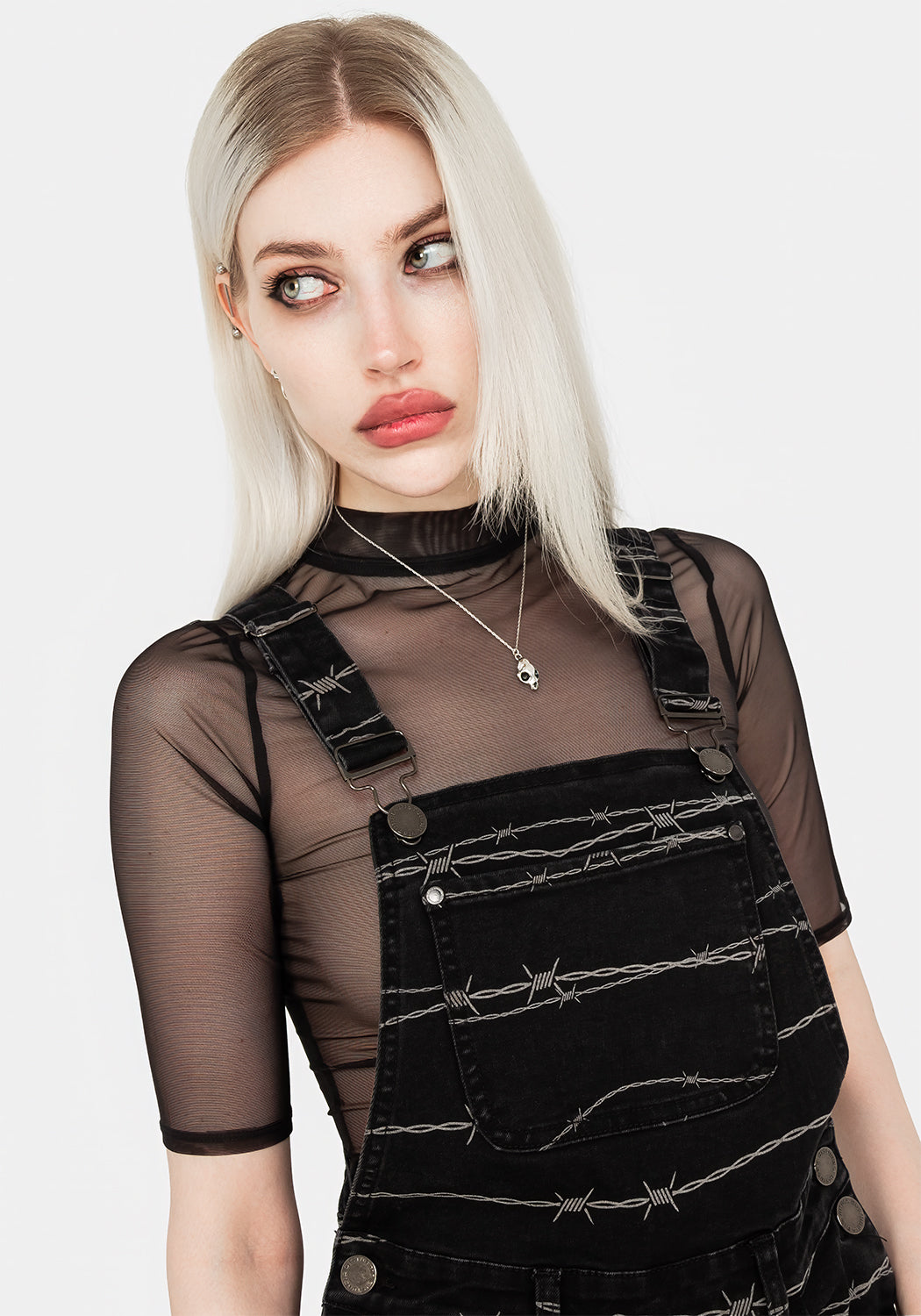 Black Printed Denim Mom Dungarees with Barbed Wire Design | High-Rise & Stretch