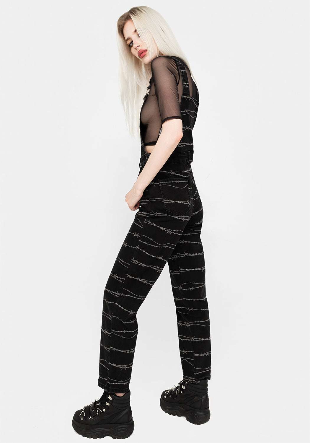 Black Printed Denim Mom Dungarees with Barbed Wire Design | High-Rise & Stretch