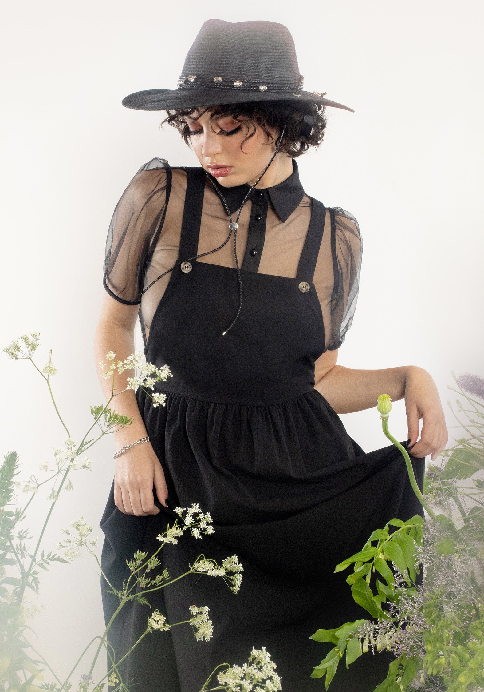 Black Sheer Mesh Puff Sleeve Button-Up Shirt | Karina