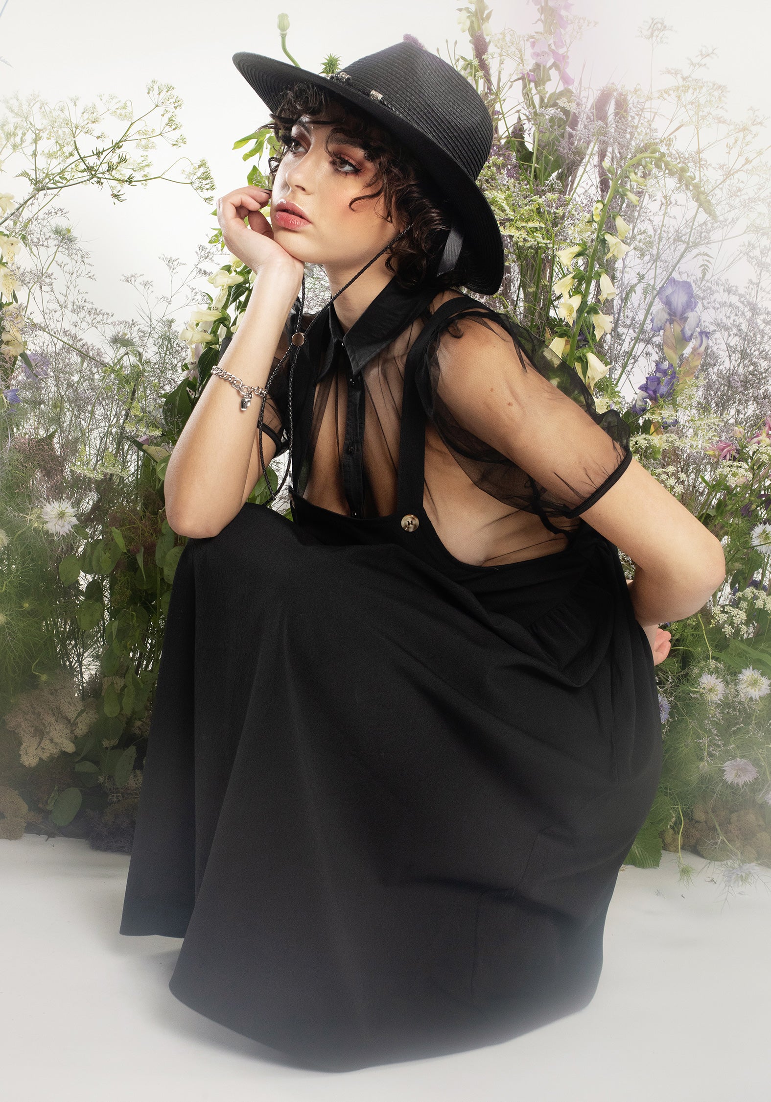Black Sheer Mesh Puff Sleeve Button-Up Shirt | Karina
