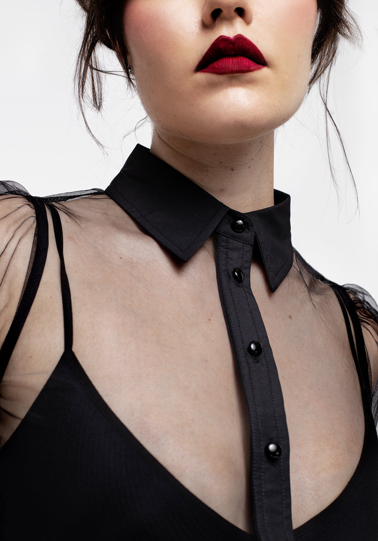 Black Sheer Mesh Puff Sleeve Button-Up Shirt | Karina
