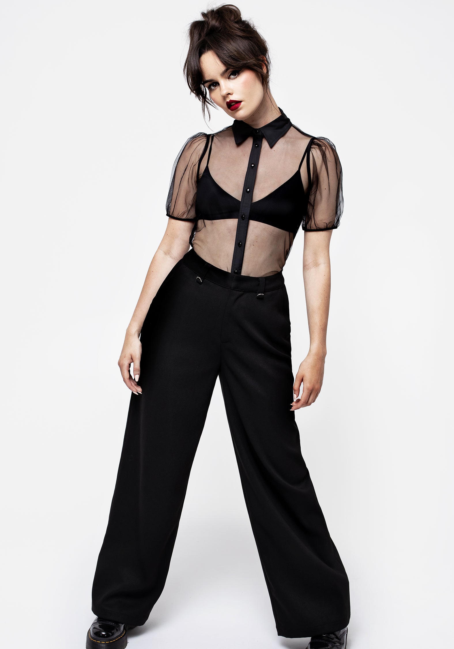Black Sheer Mesh Puff Sleeve Button-Up Shirt | Karina