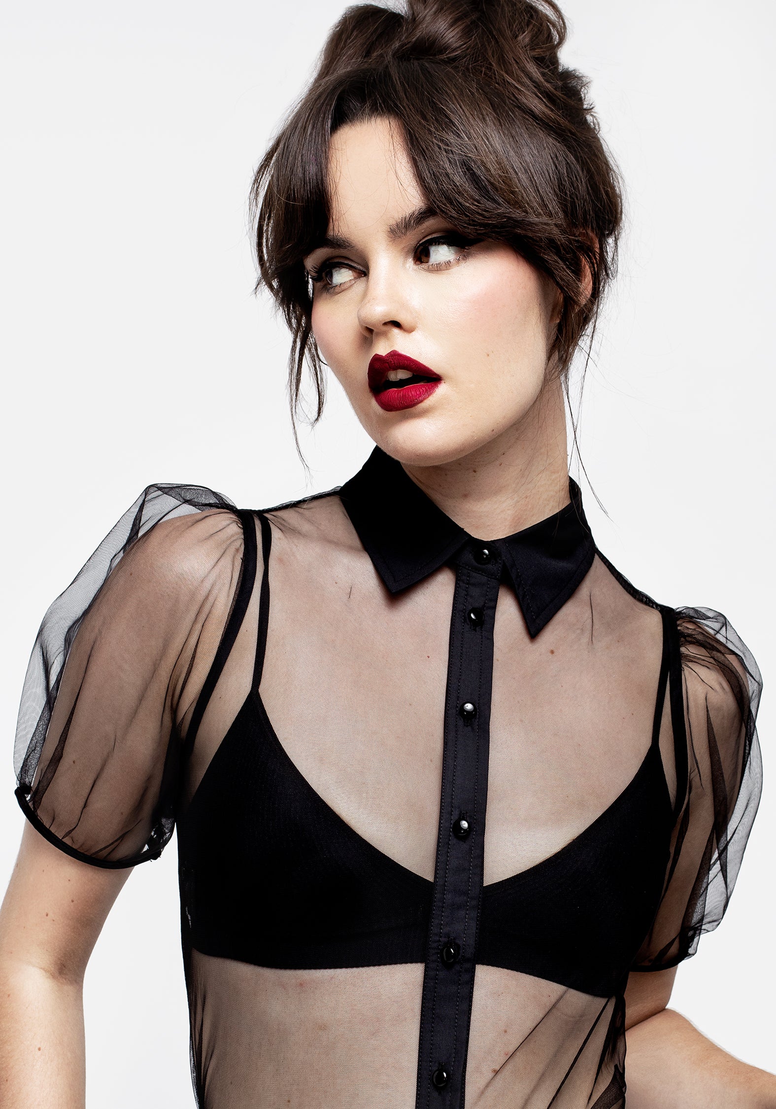 Black Sheer Mesh Puff Sleeve Button-Up Shirt | Karina