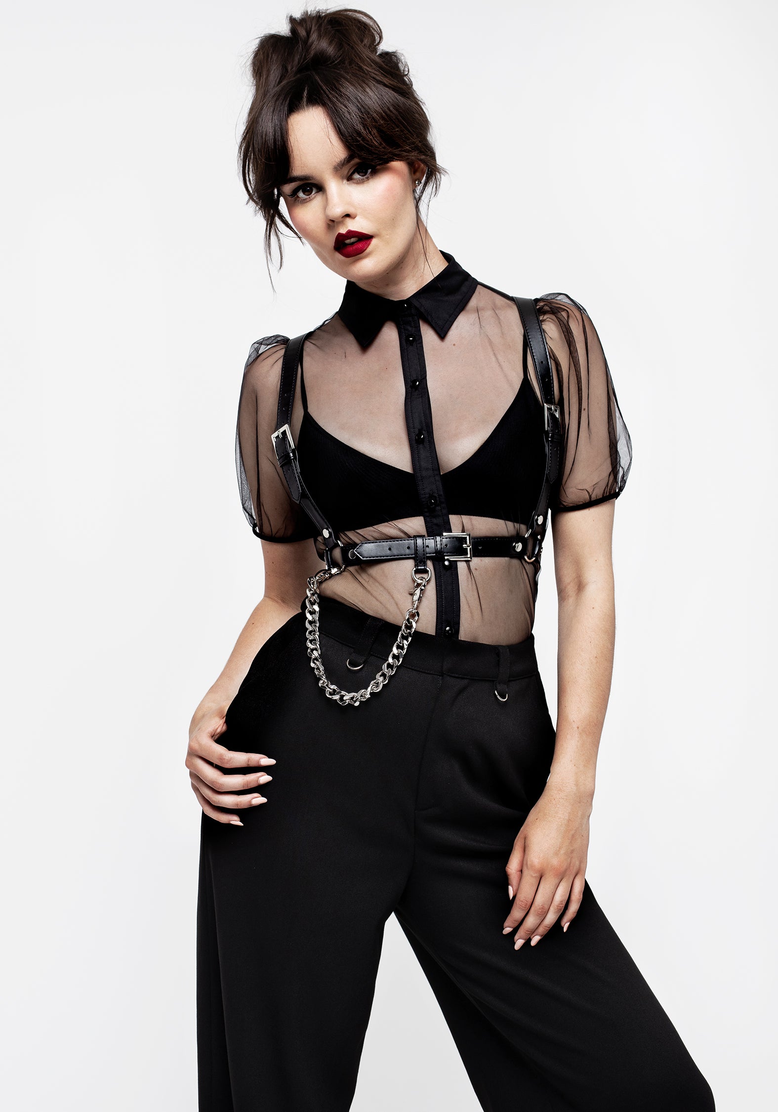 Black Sheer Mesh Puff Sleeve Button-Up Shirt | Karina