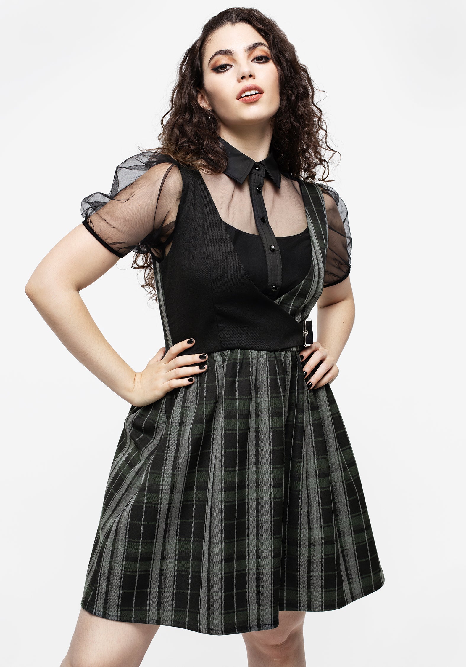 Black Sheer Mesh Puff Sleeve Button-Up Shirt | Karina