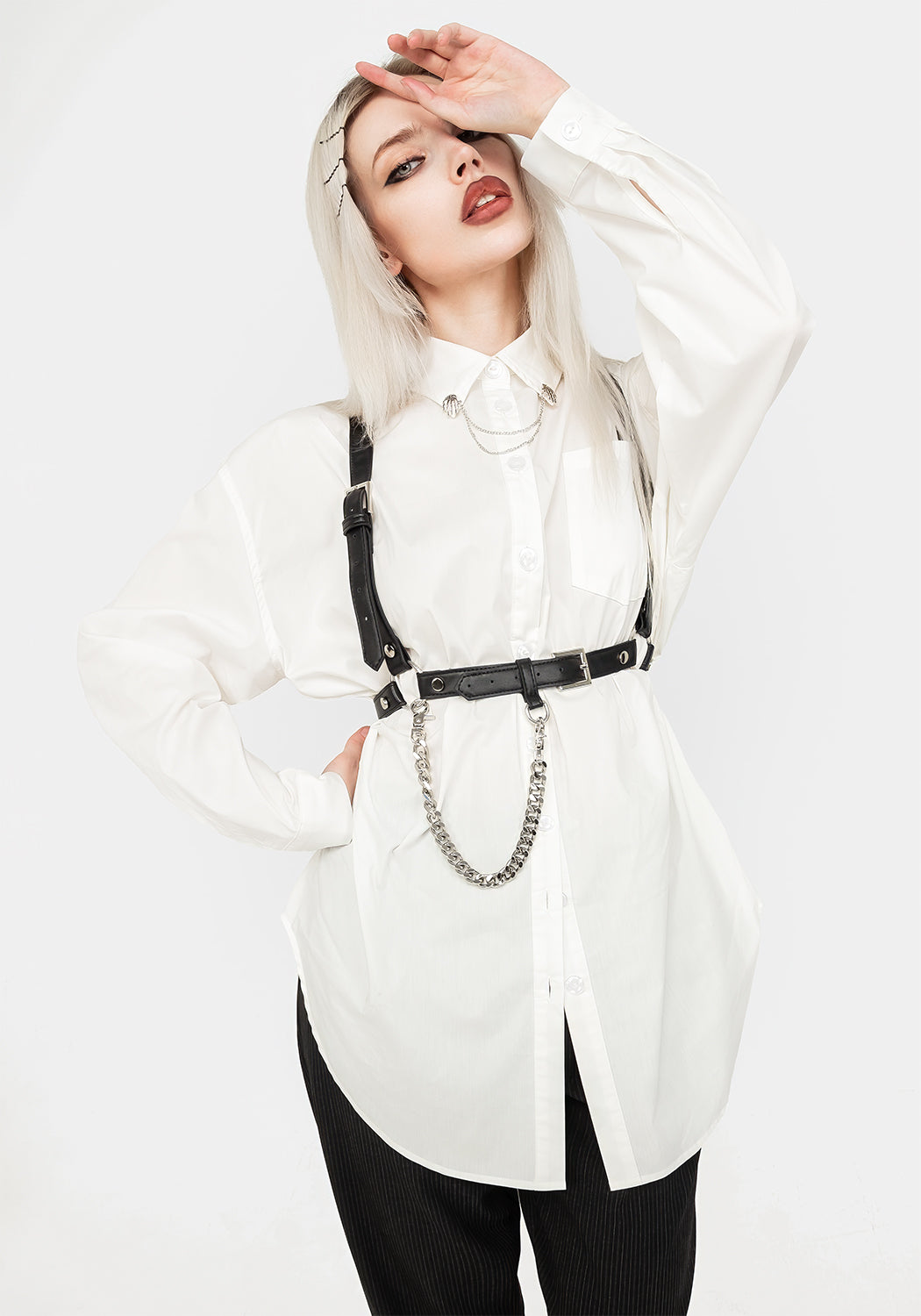 White Button-Up Shirt with Skeleton Hand Collar Chain | Loose Fit Cotton