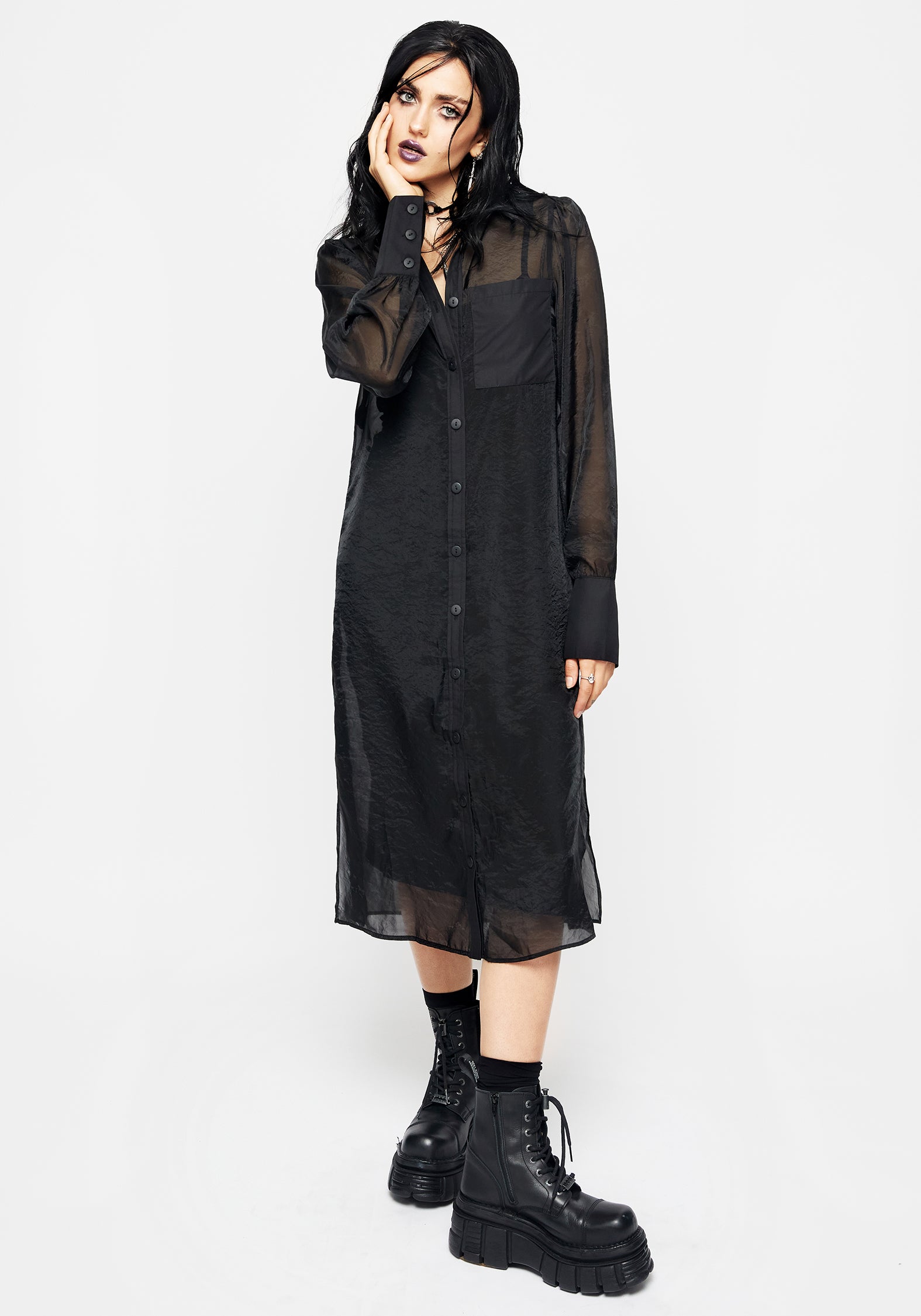 Black Sheer Midi Shirt Dress with Button-Up Front | Loveless