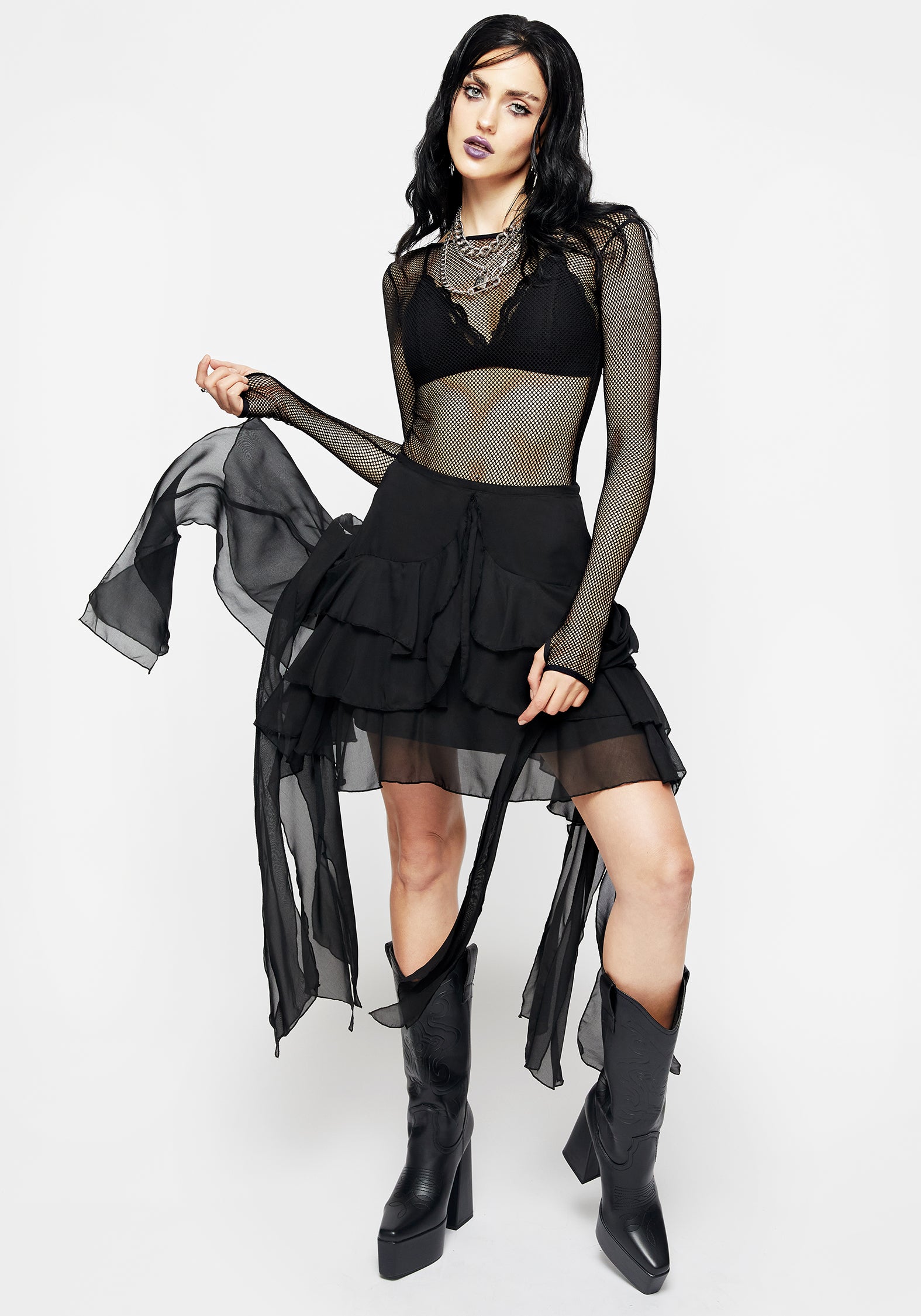 Black Chiffon Ruffle Mini Skirt with Fitted Waistband | Aleera