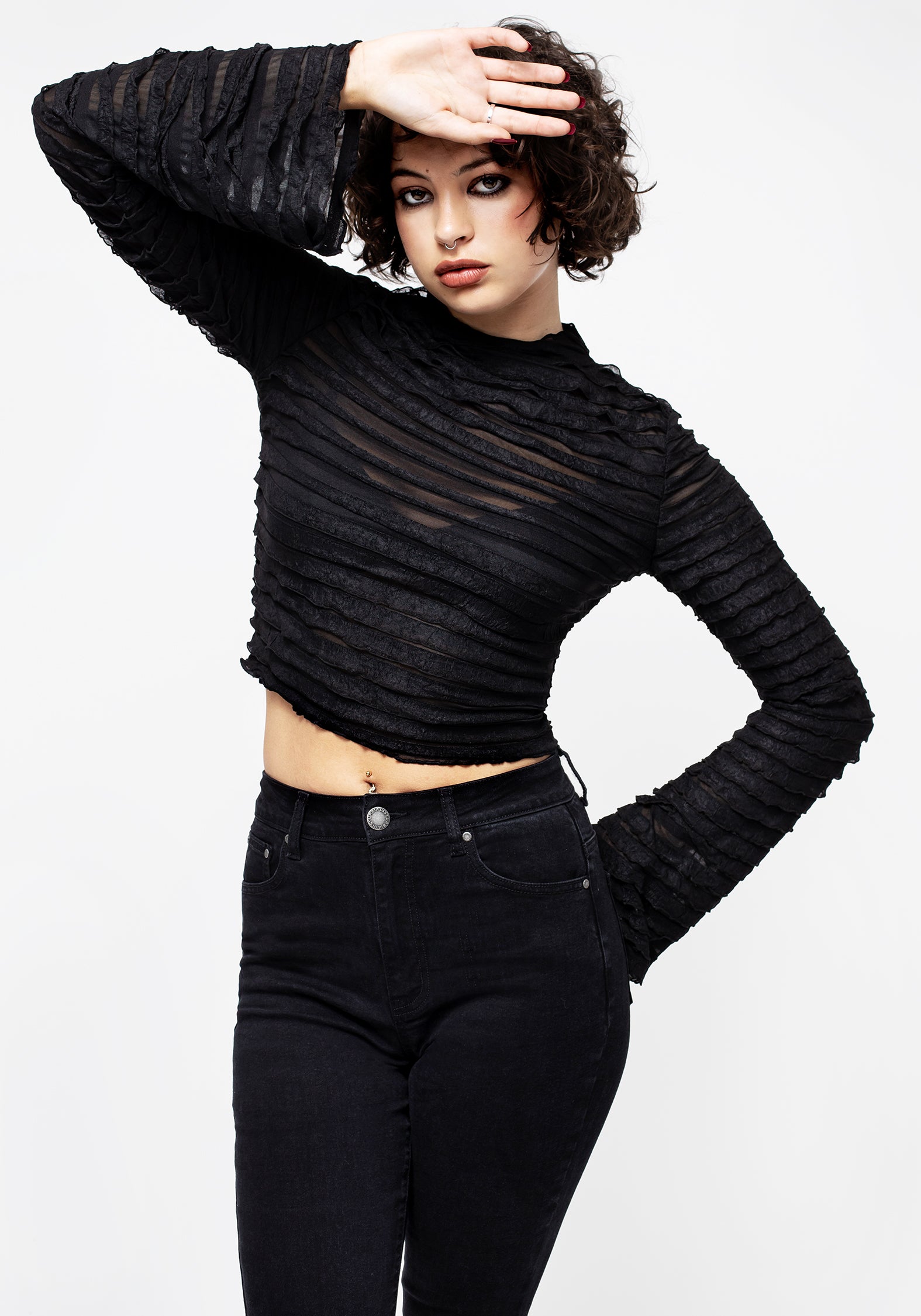 Black Sheer Striped Crop Top with Ruffles & Flared Sleeves | Vitae