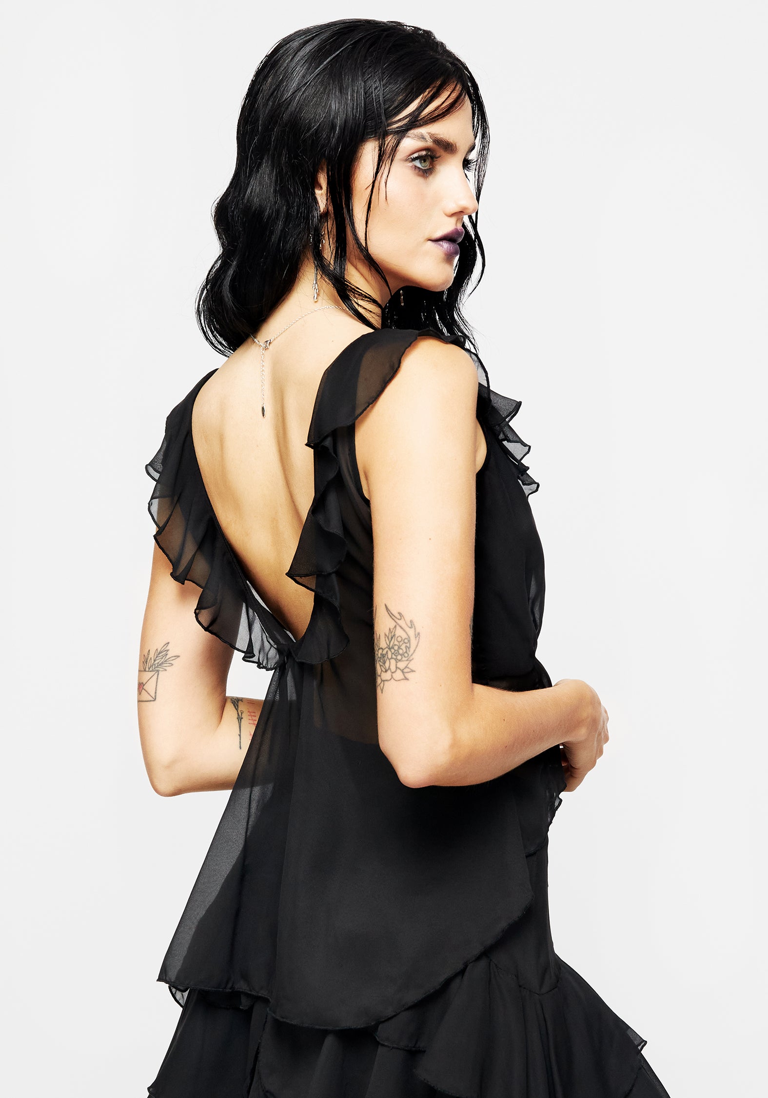 Black Sheer Chiffon Ruffle Crop Top | Aleera