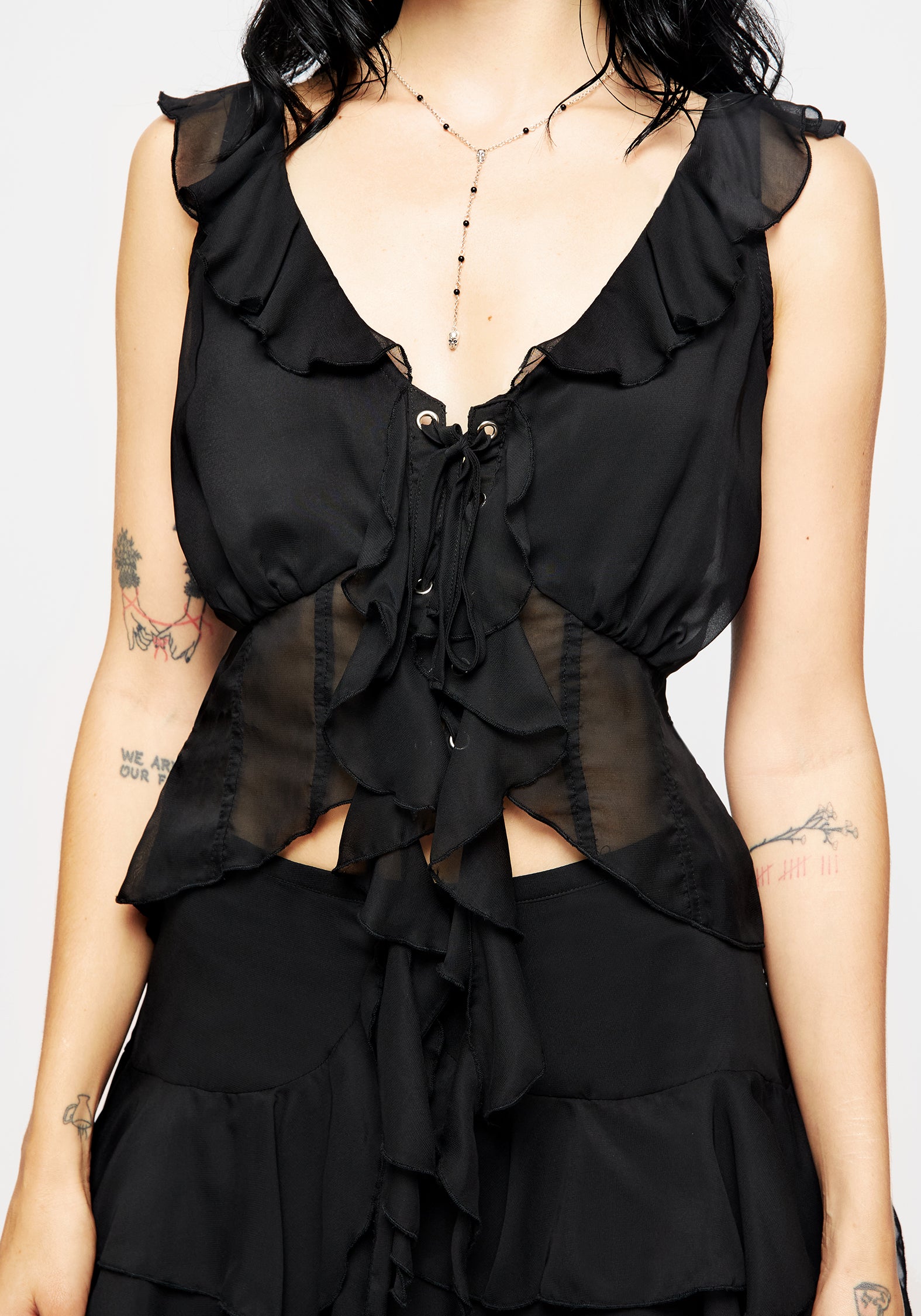 Black Sheer Chiffon Ruffle Crop Top | Aleera