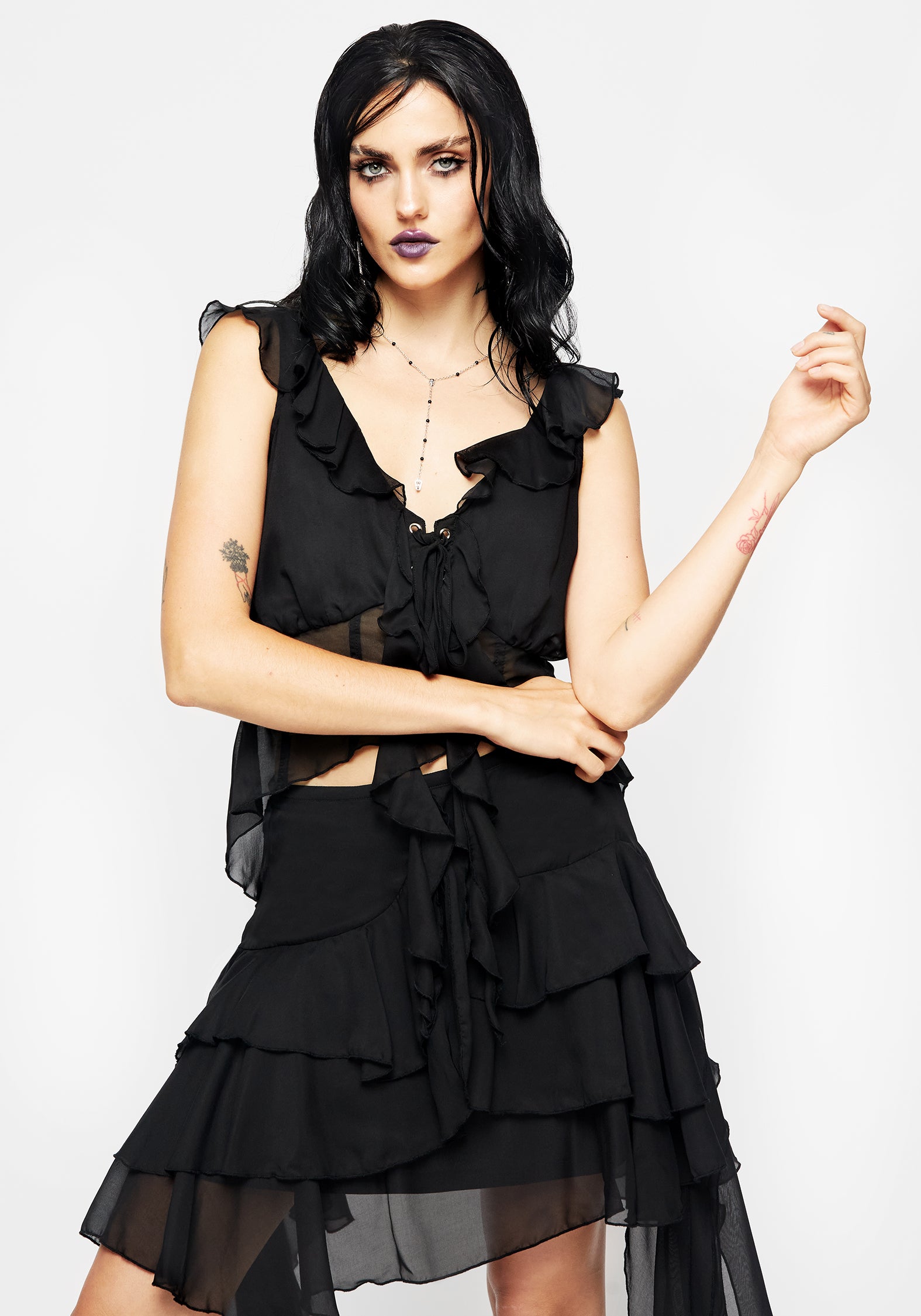 Black Sheer Chiffon Ruffle Crop Top | Aleera