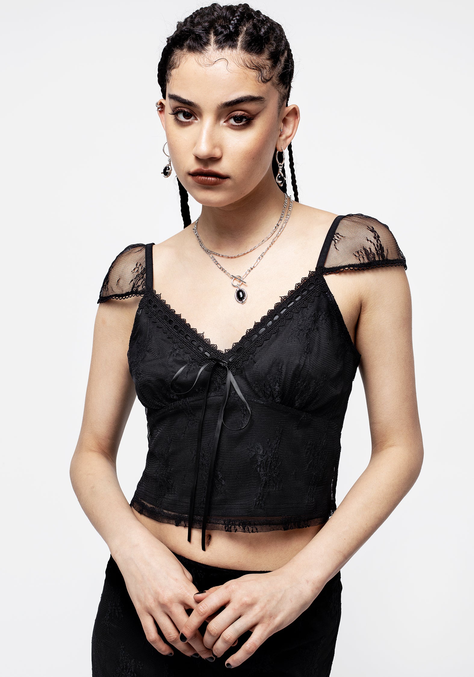 Black Lace Cami Top with V-Neck & Stretch Fit | Hailey