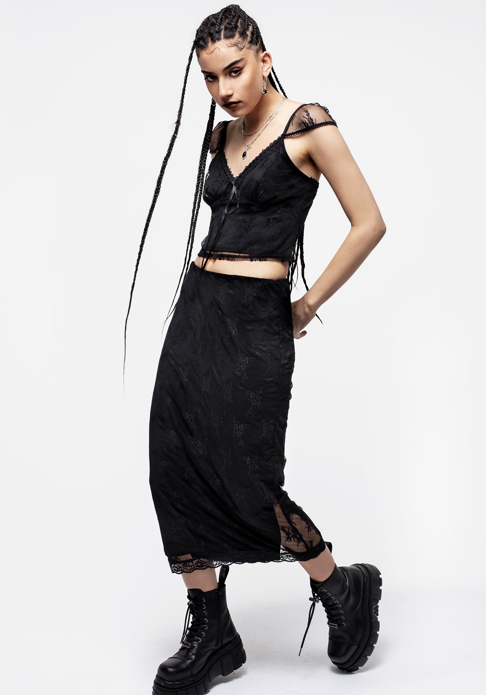 Black Lace Midi Skirt with Elastic Waistband | Hailey Stretch
