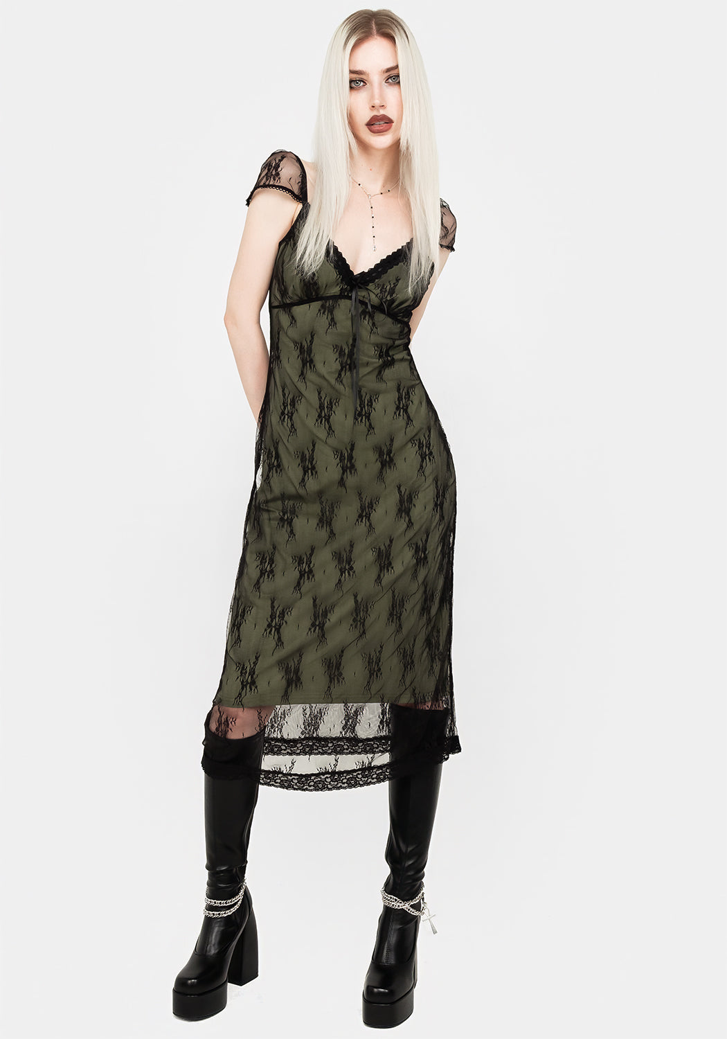 Green & Black Lace Midi Dress with V-Neckline | Gladioli