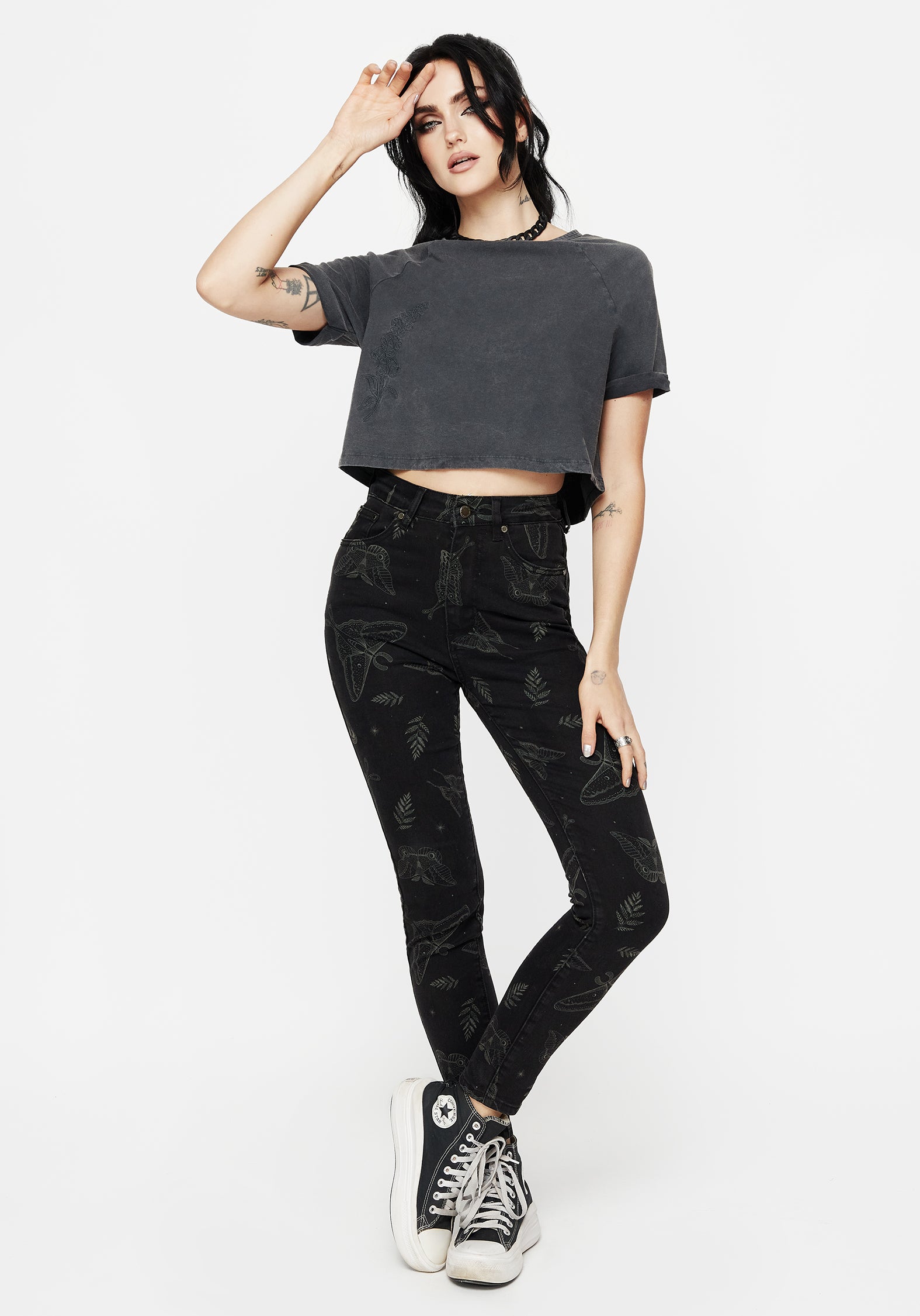Black Fern & Moth Print Skinny Jeans | High-Waisted Denim